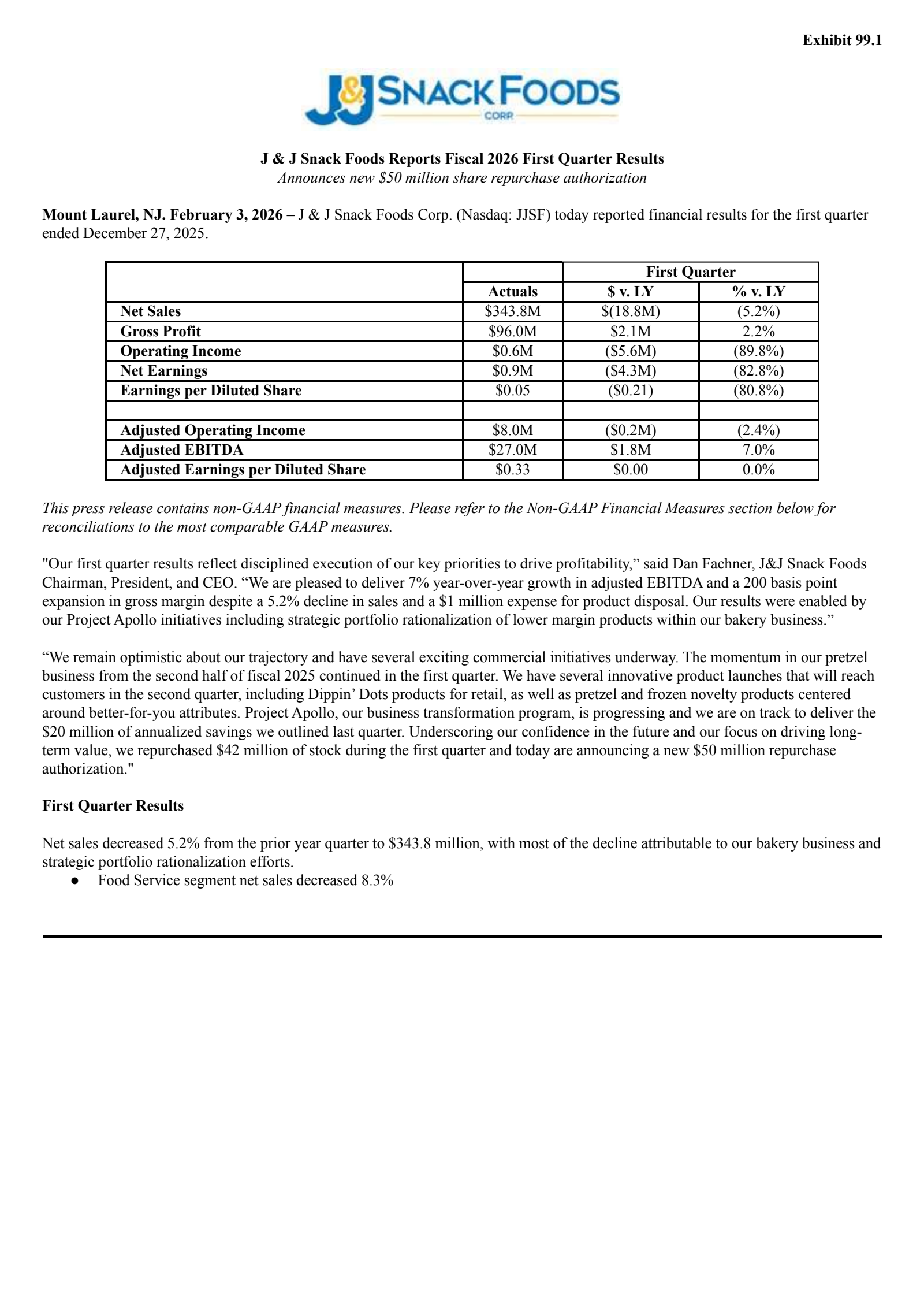 J & J Snack Foods' Q1 2026 Press Release