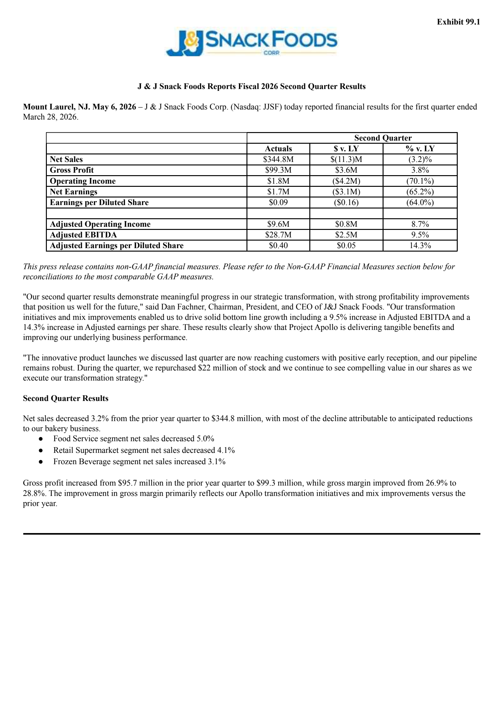J & J Snack Foods' Q2 2026 Press Release