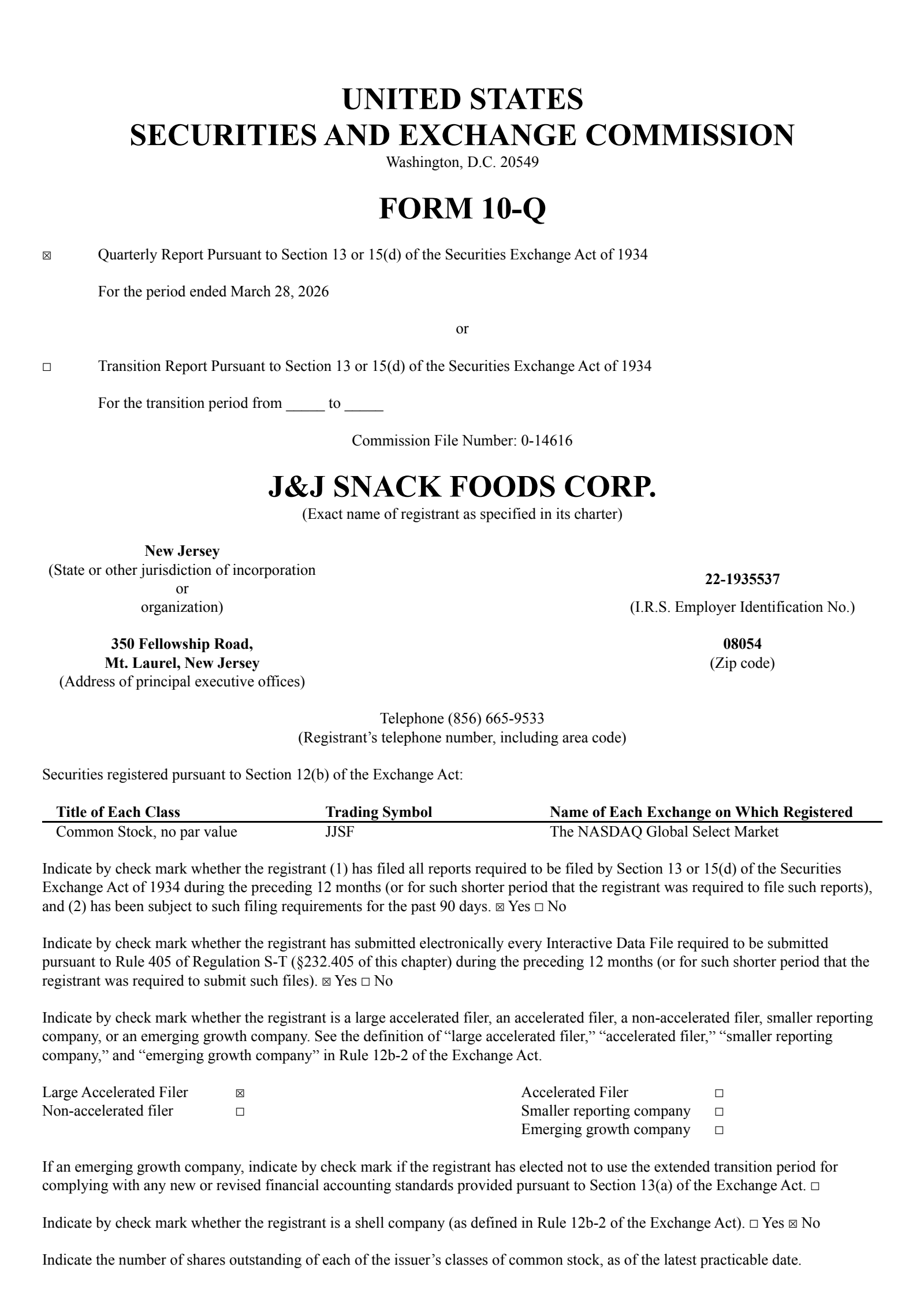 J & J Snack Foods' Q2 2026 Quarterly report