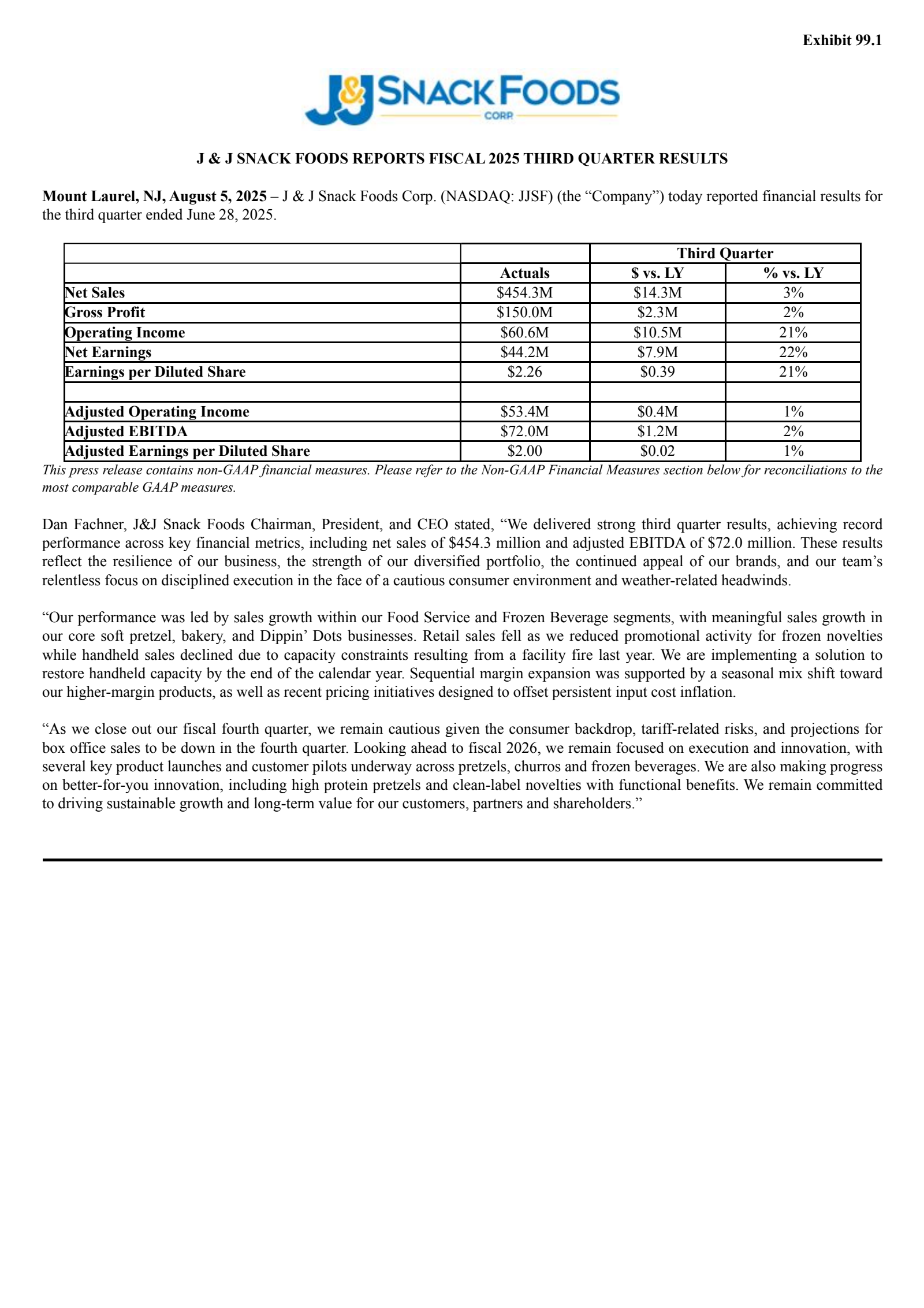 J & J Snack Foods' Q3 2025 Press Release