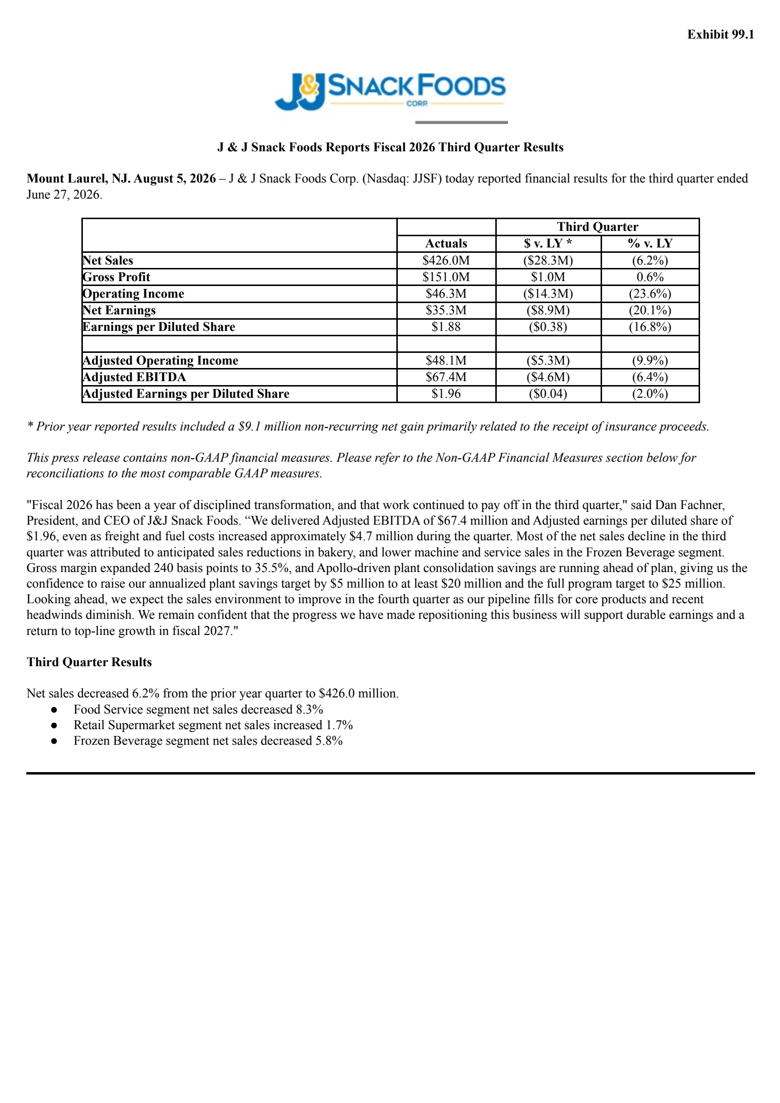 J & J Snack Foods' Q3 2026 Press Release