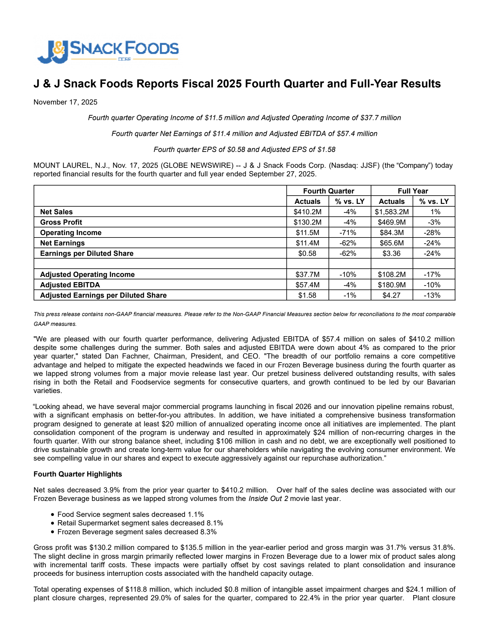 J & J Snack Foods' Q4 2025 Earnings Release