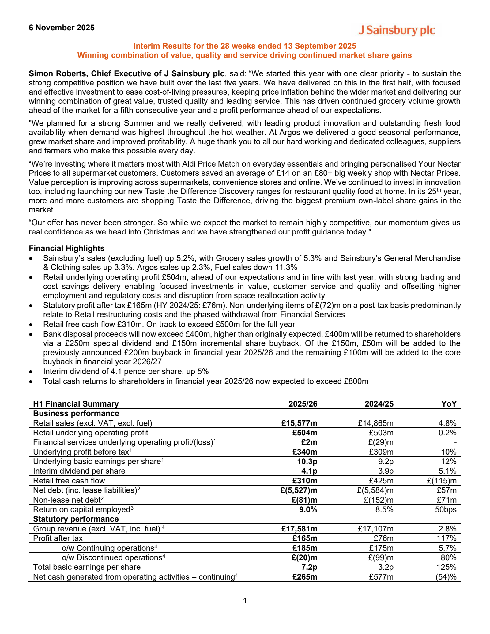 J Sainsbury's H1 2026 Interim Report
