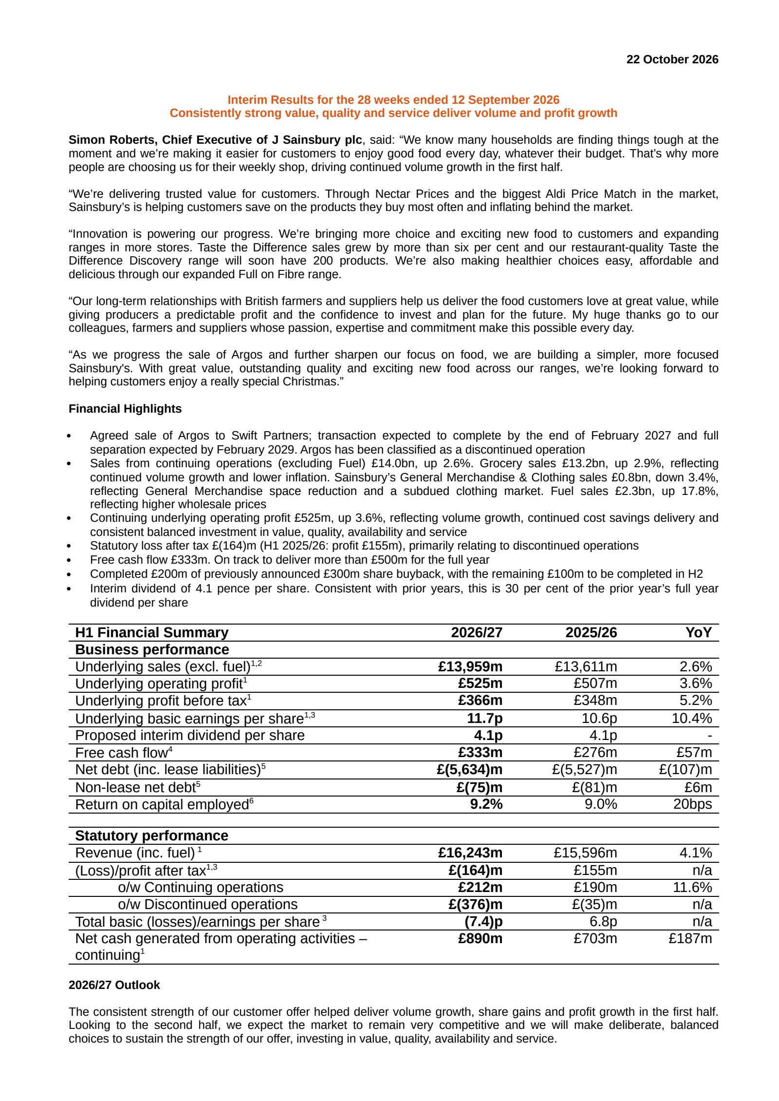 J Sainsbury's H1 2027 Interim report