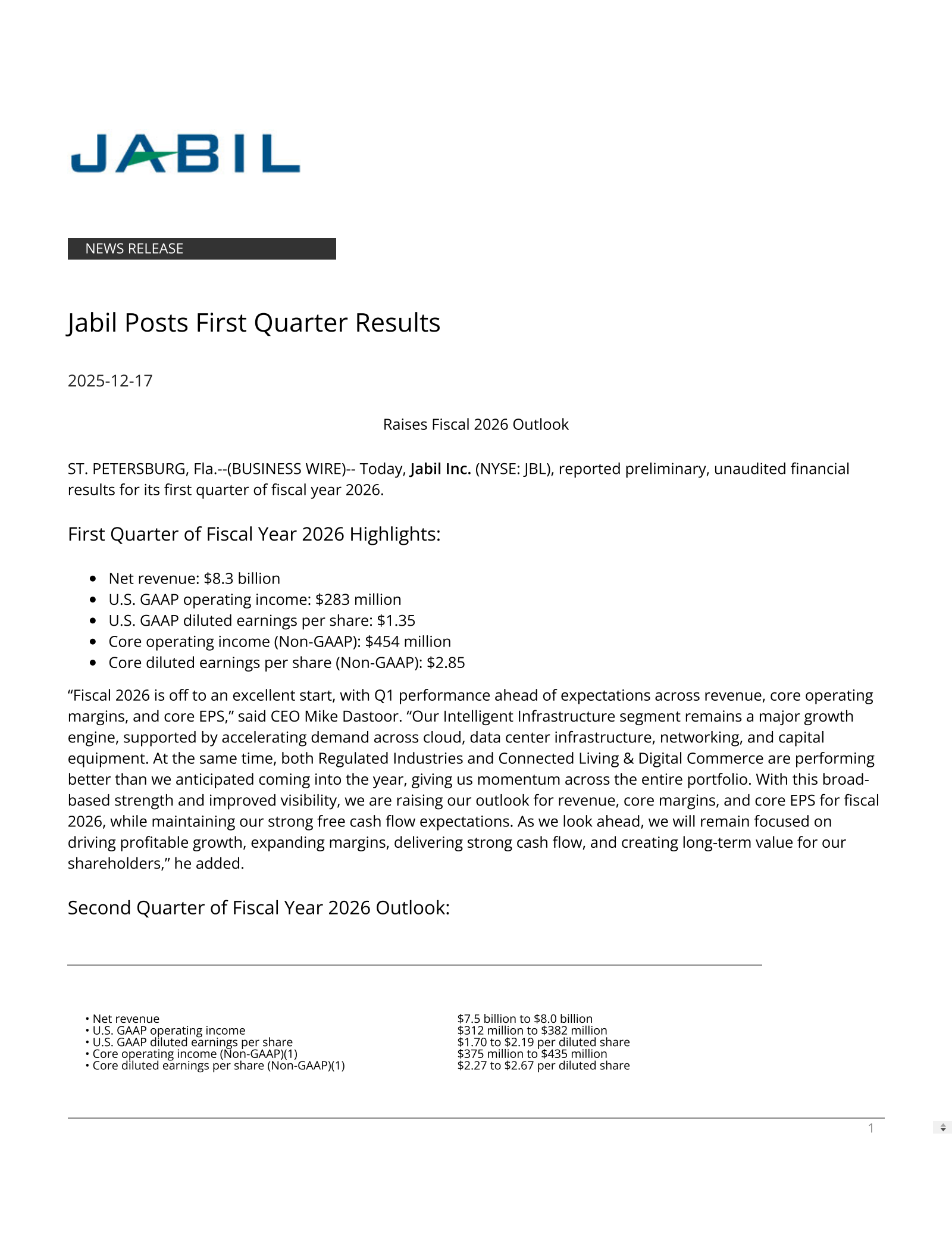 Jabil's Q1 2026 Earnings Release