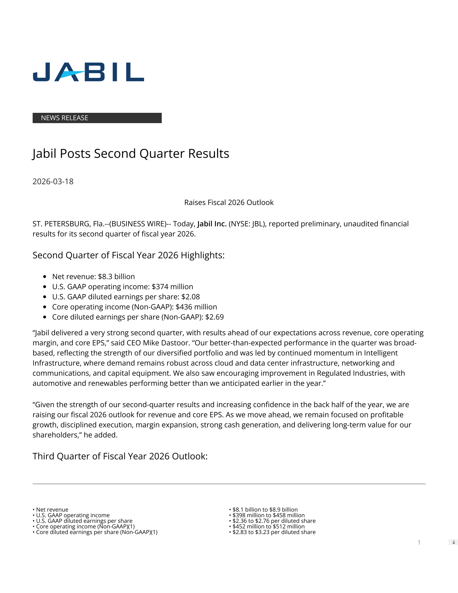 Jabil's Q2 2026 Press Release