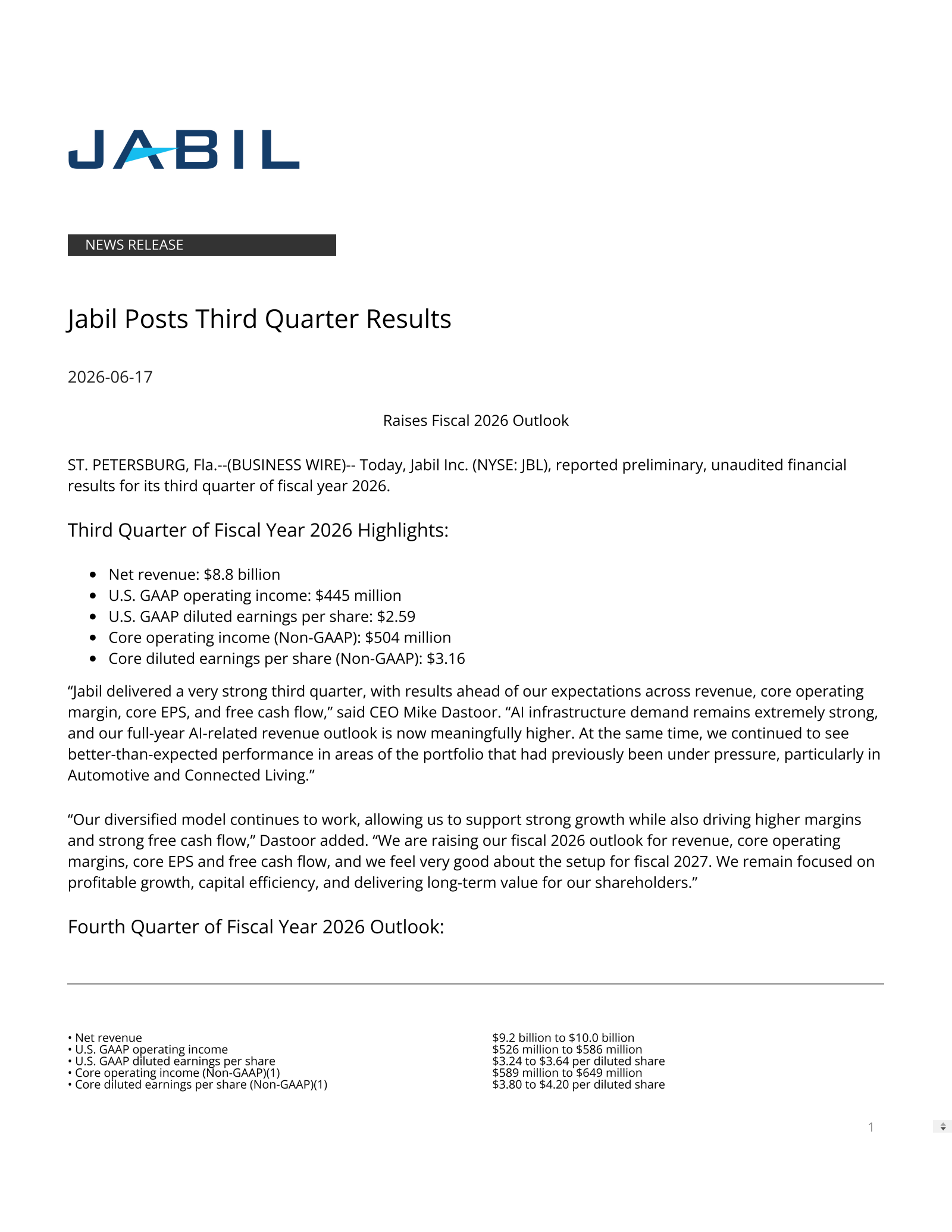 Jabil's Q3 2026 Press Release