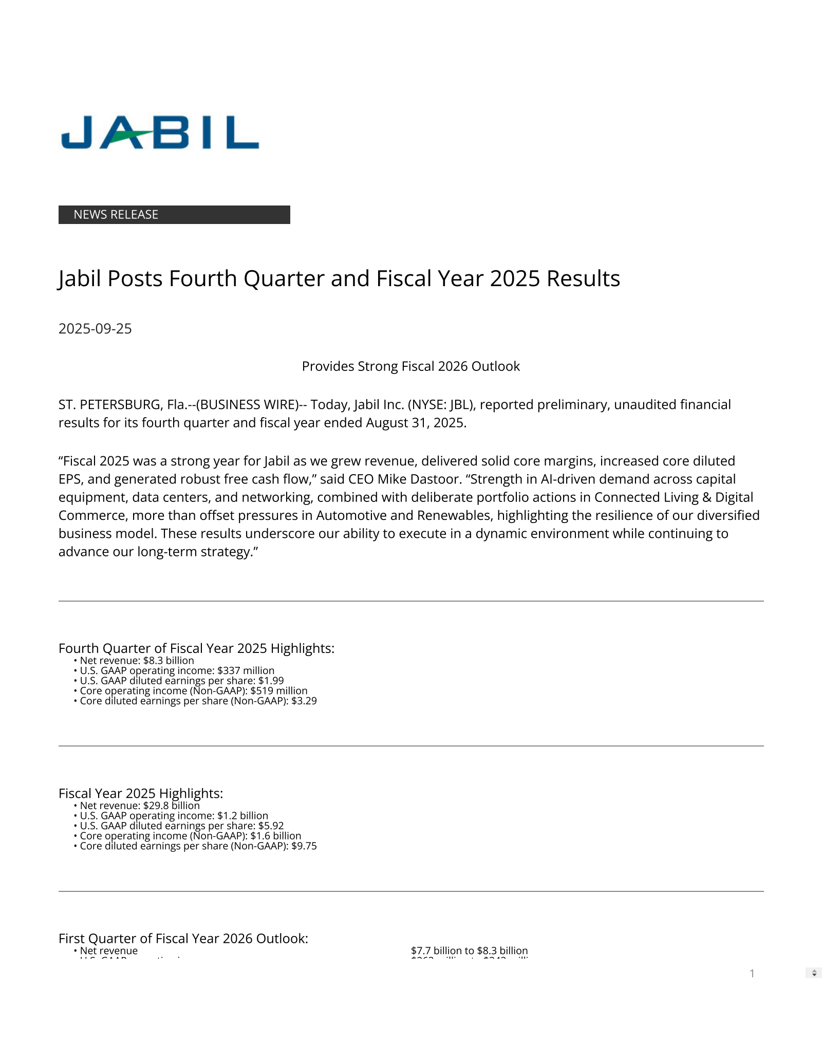 Jabil's Q4 2025 Earnings Release