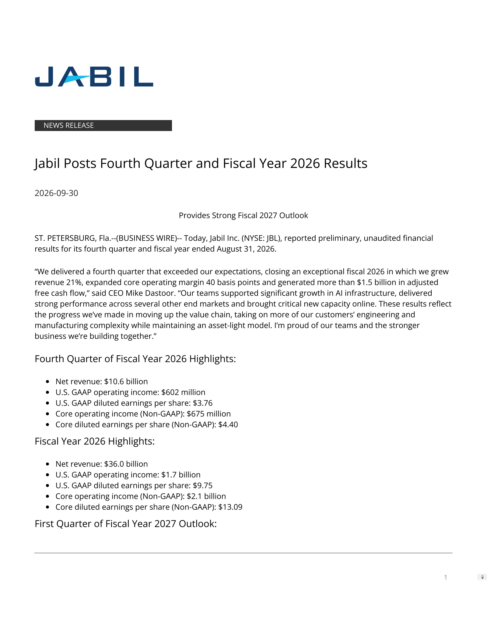 Jabil's Q4 2026 Press Release