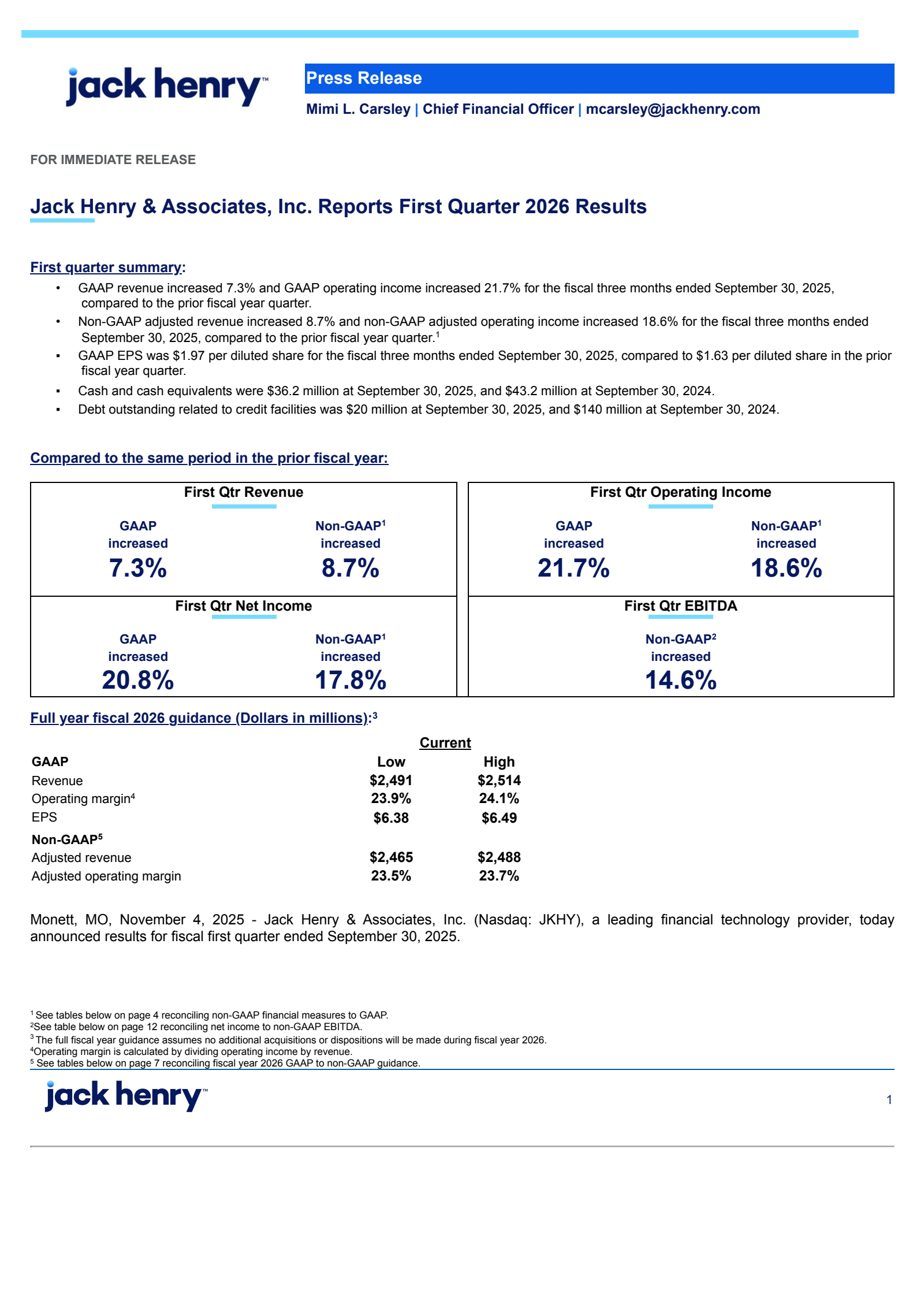 Jack Henry & Associates' Q1 2026 Earnings Release