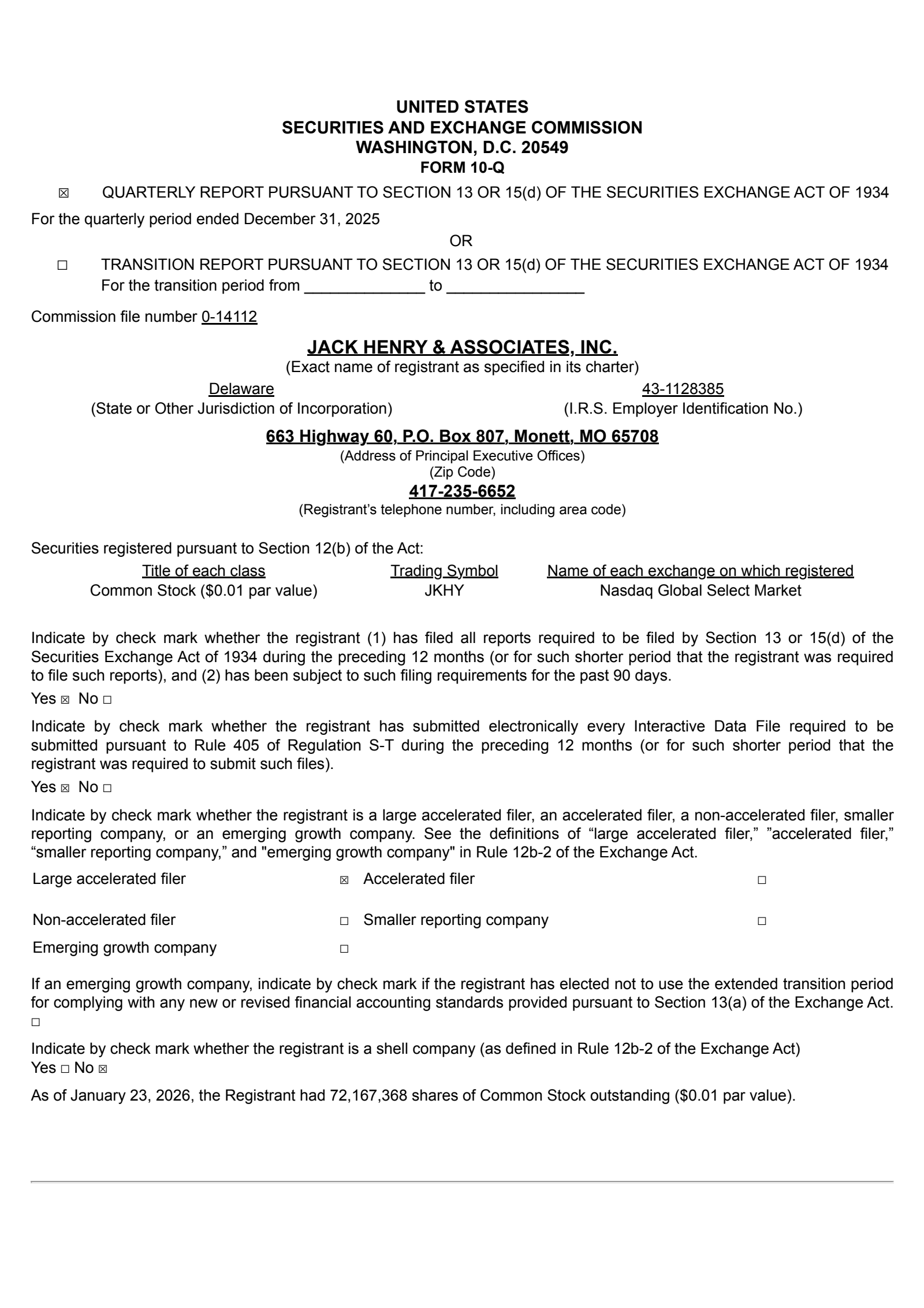 Jack Henry & Associates' Q2 2026 Quarterly report