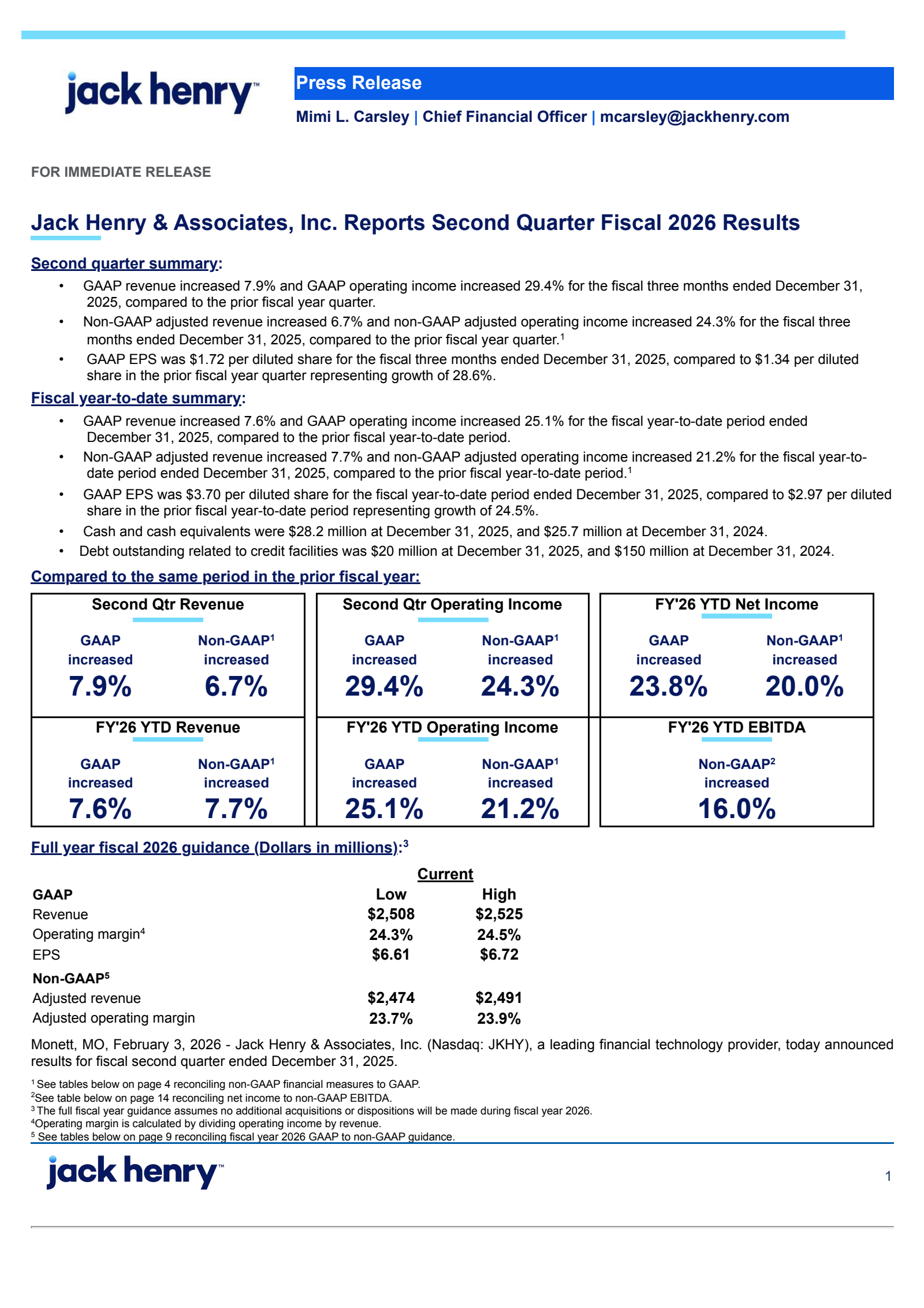 Jack Henry & Associates' Q2 2026 Press Release