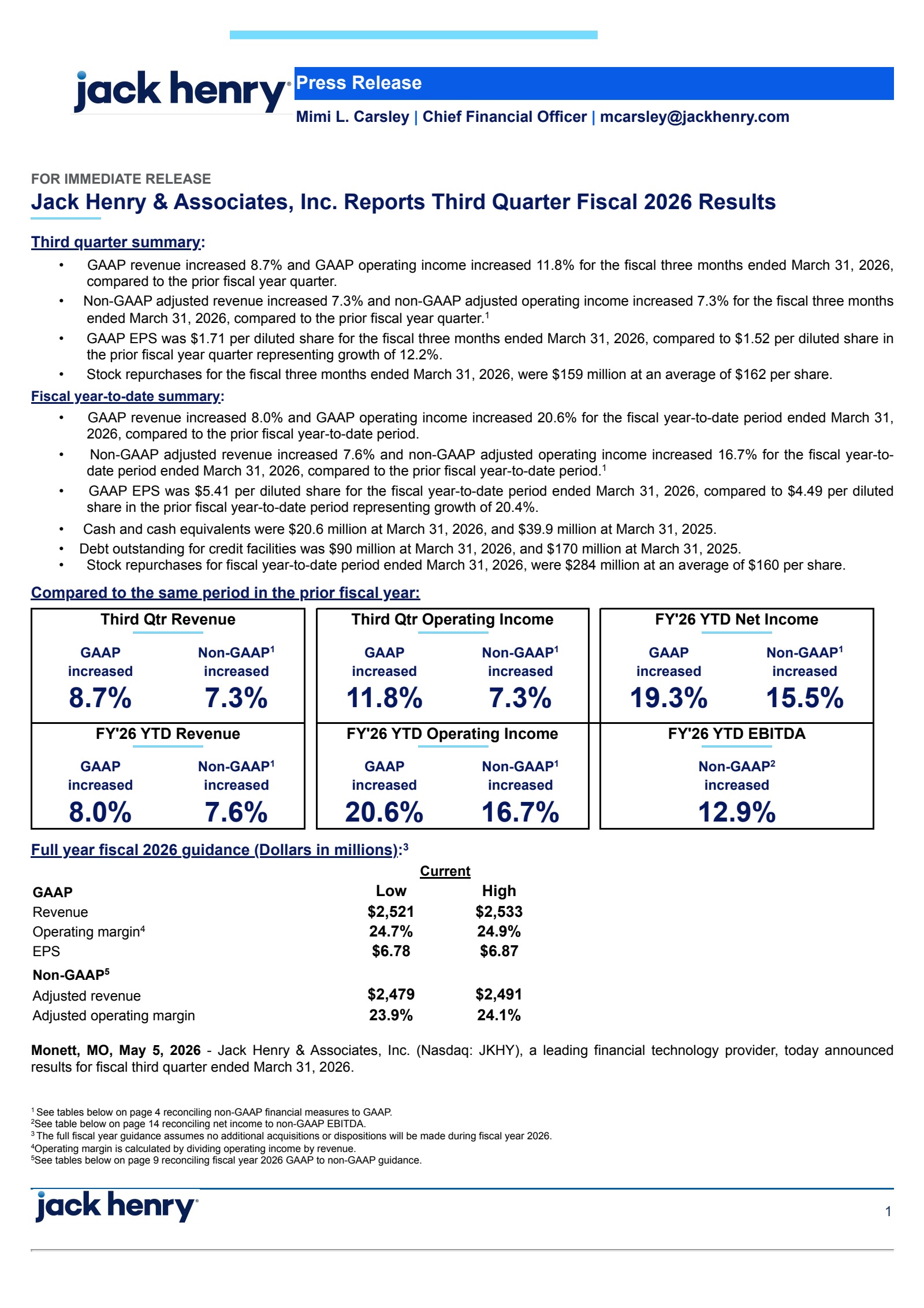 Jack Henry & Associates' Q3 2026 Press Release
