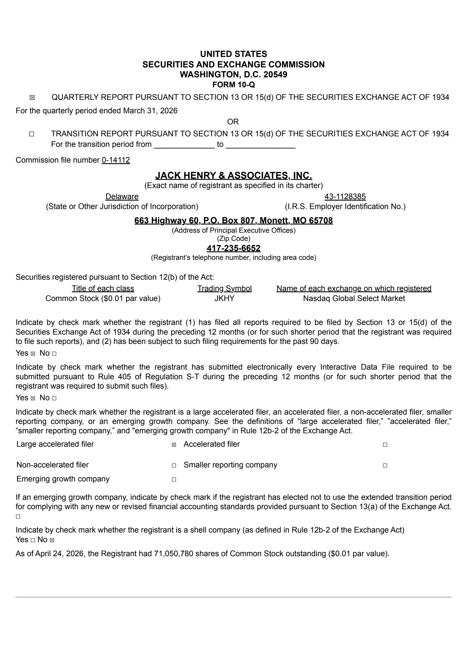 Jack Henry & Associates' Q3 2026 Quarterly report