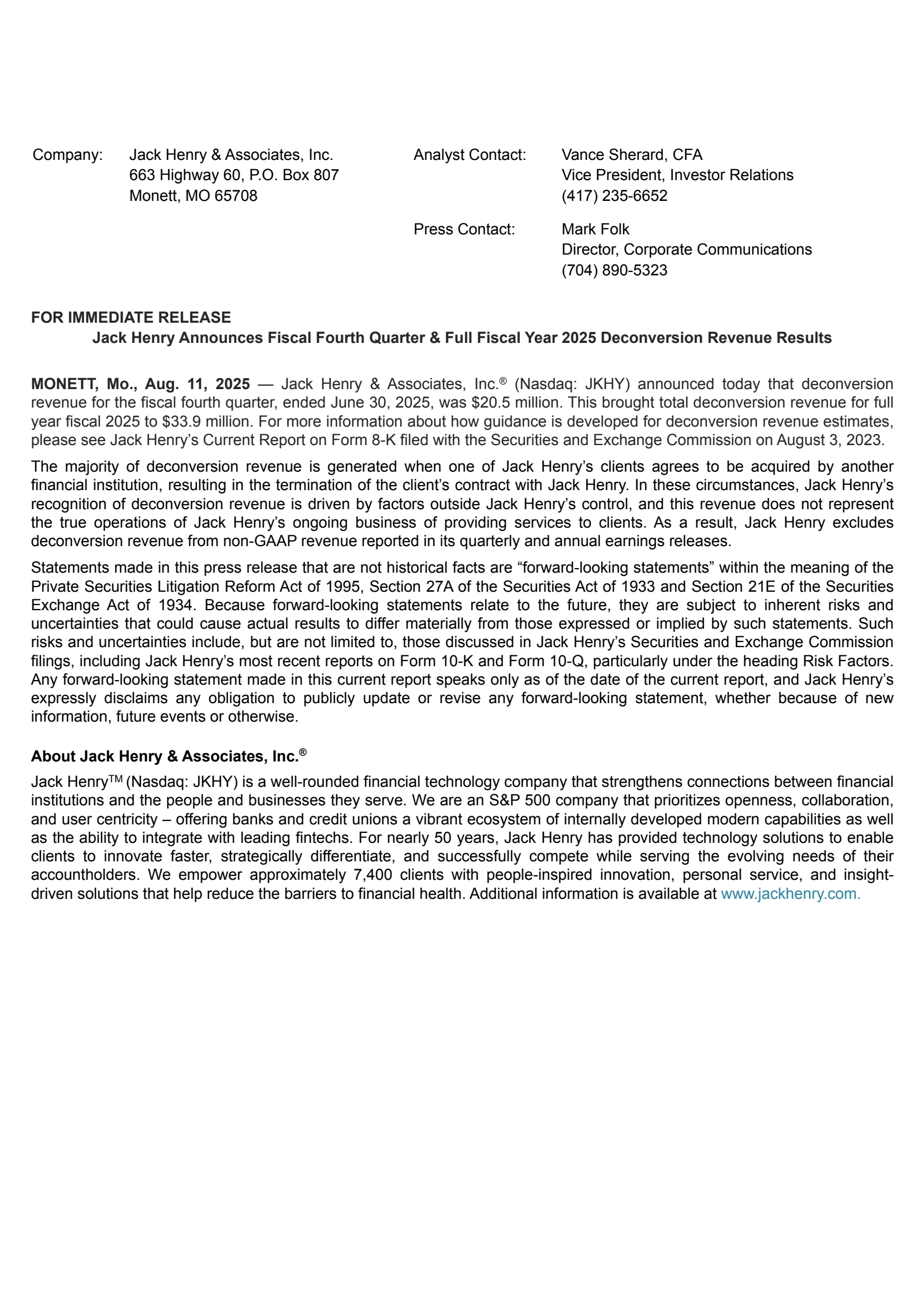 Jack Henry & Associates' Q4 2025 Press Release