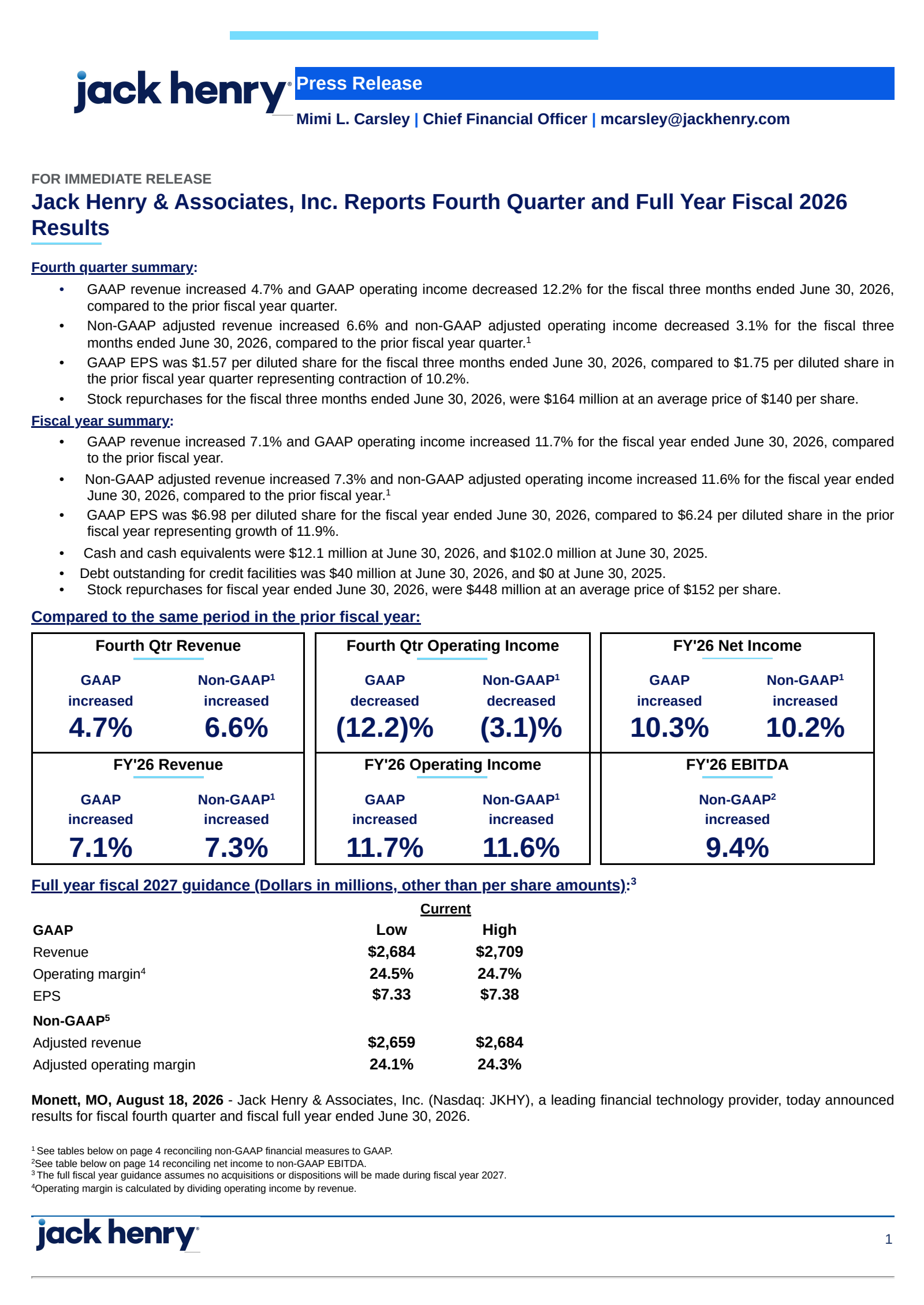 Jack Henry & Associates' Q4 2026 Press Release
