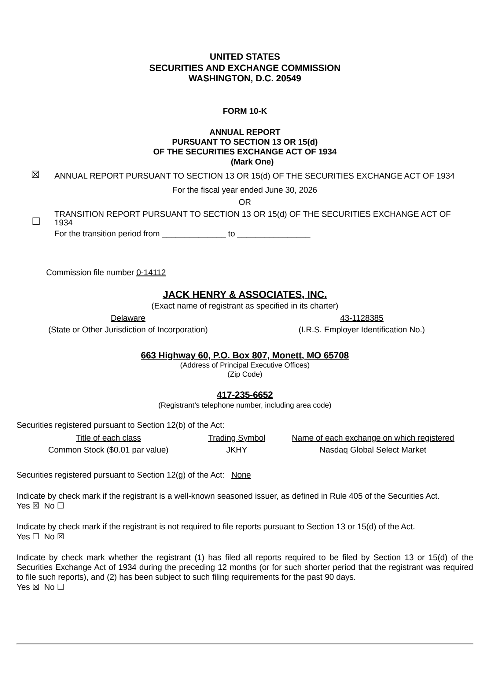 Jack Henry & Associates' Q4 2026 Annual report