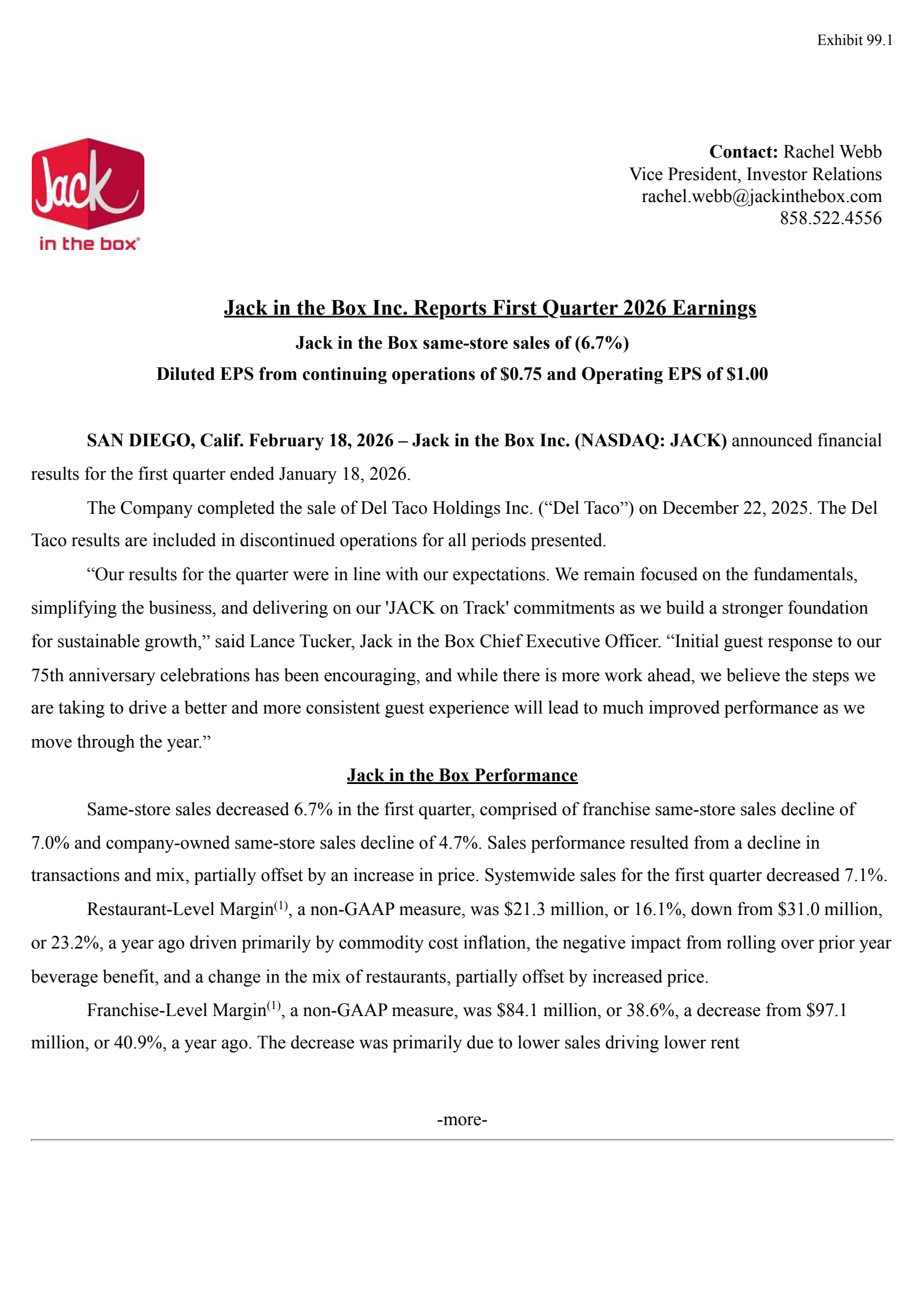 Jack In The Box's Q1 2026 Press Release