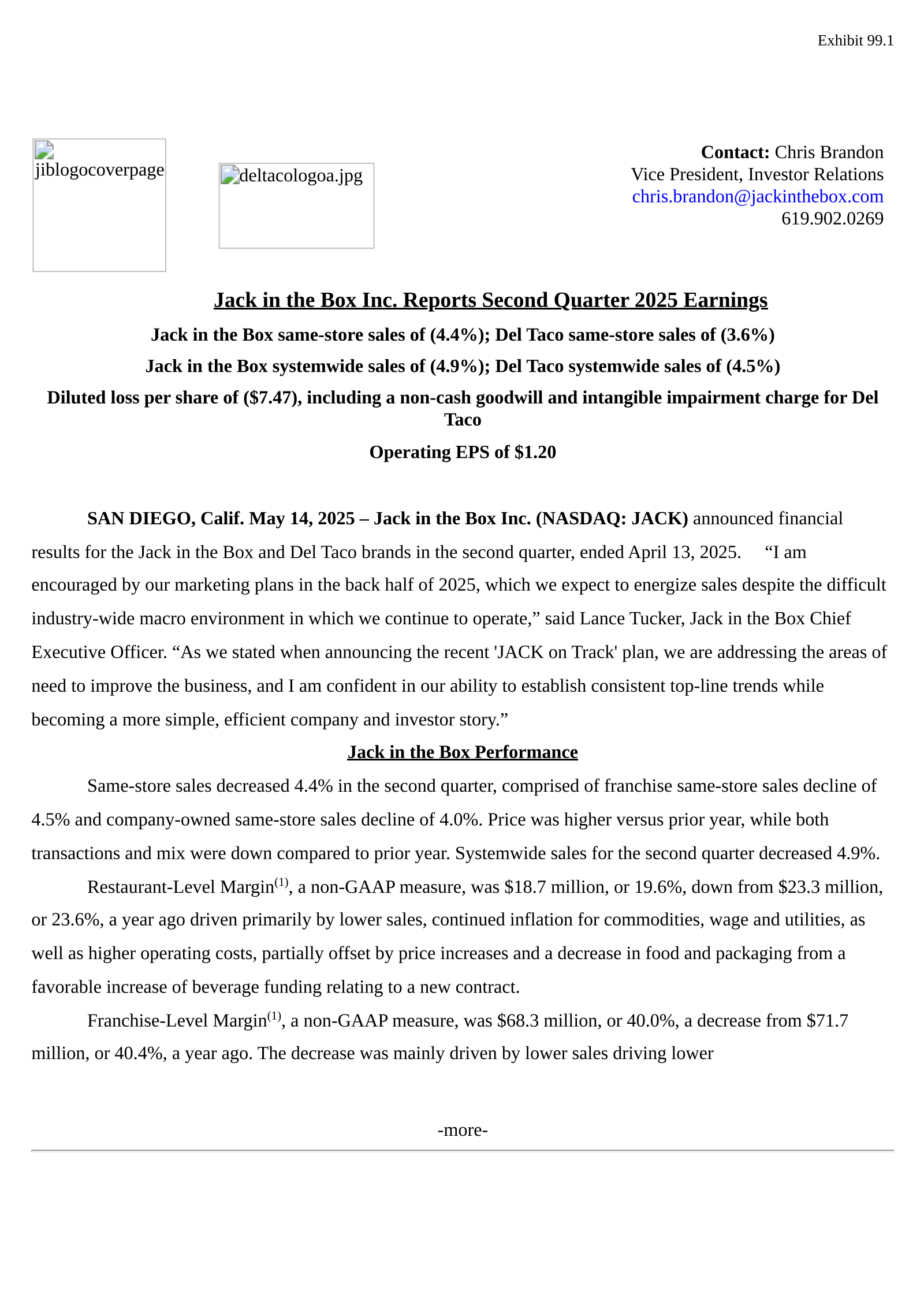Jack in the Box's Q2 2025 Press Release