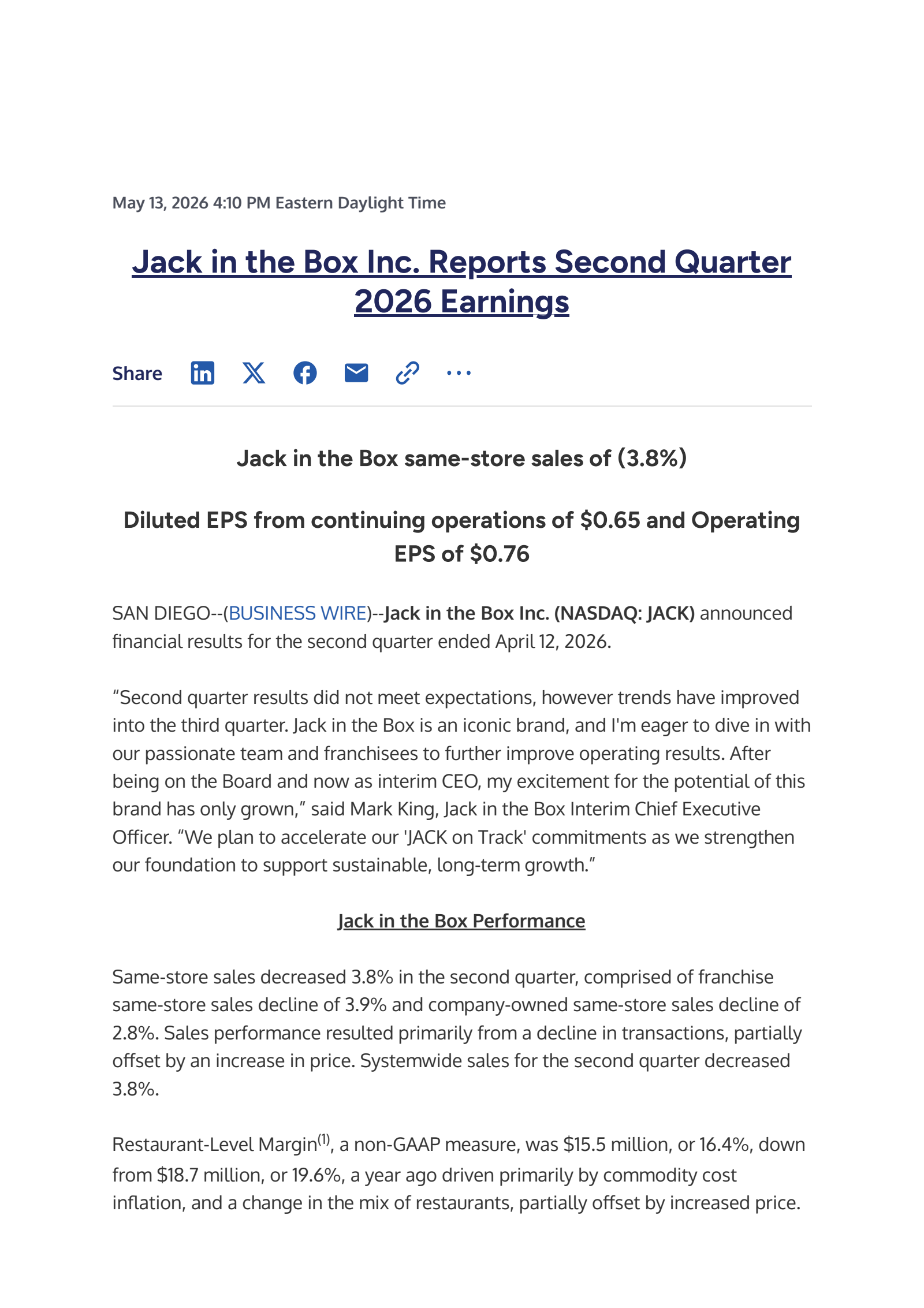 Jack In The Box's Q2 2026 Press Release