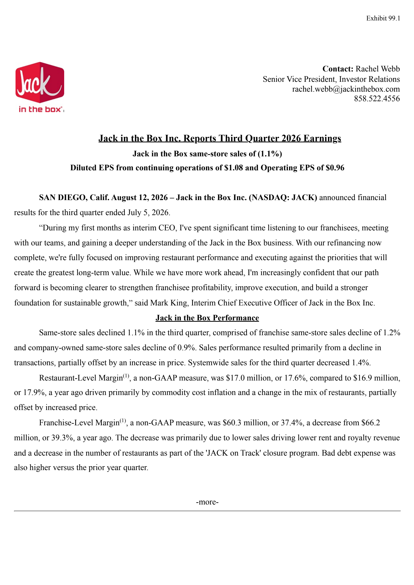 Jack In The Box's Q3 2026 Press Release