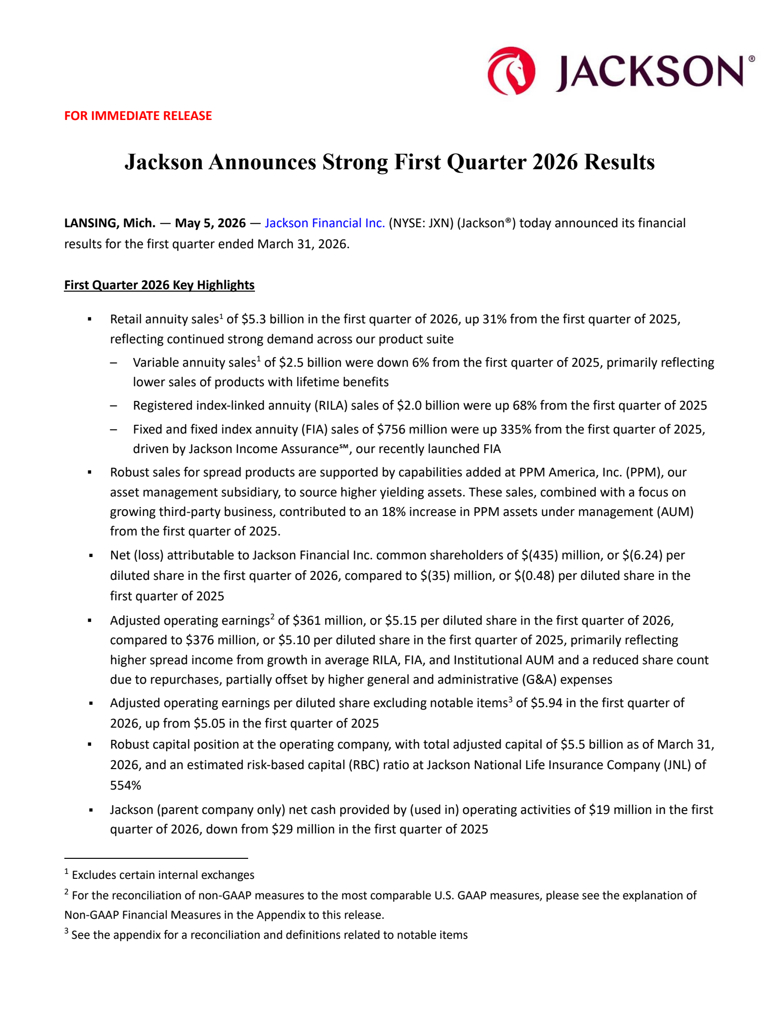 Jackson Financial's Q1 2026 Press Release