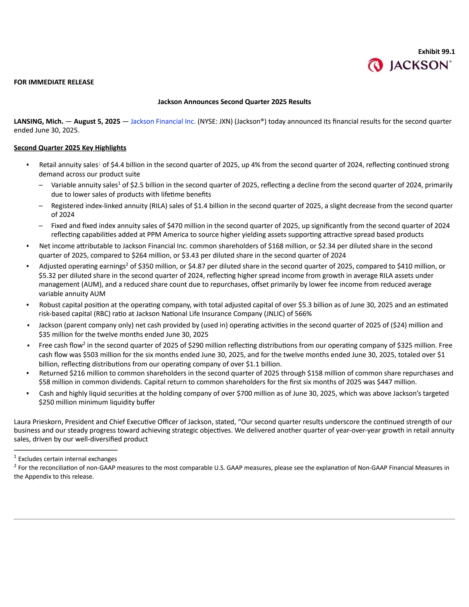 Jackson Financial's Q2 2025 Press Release