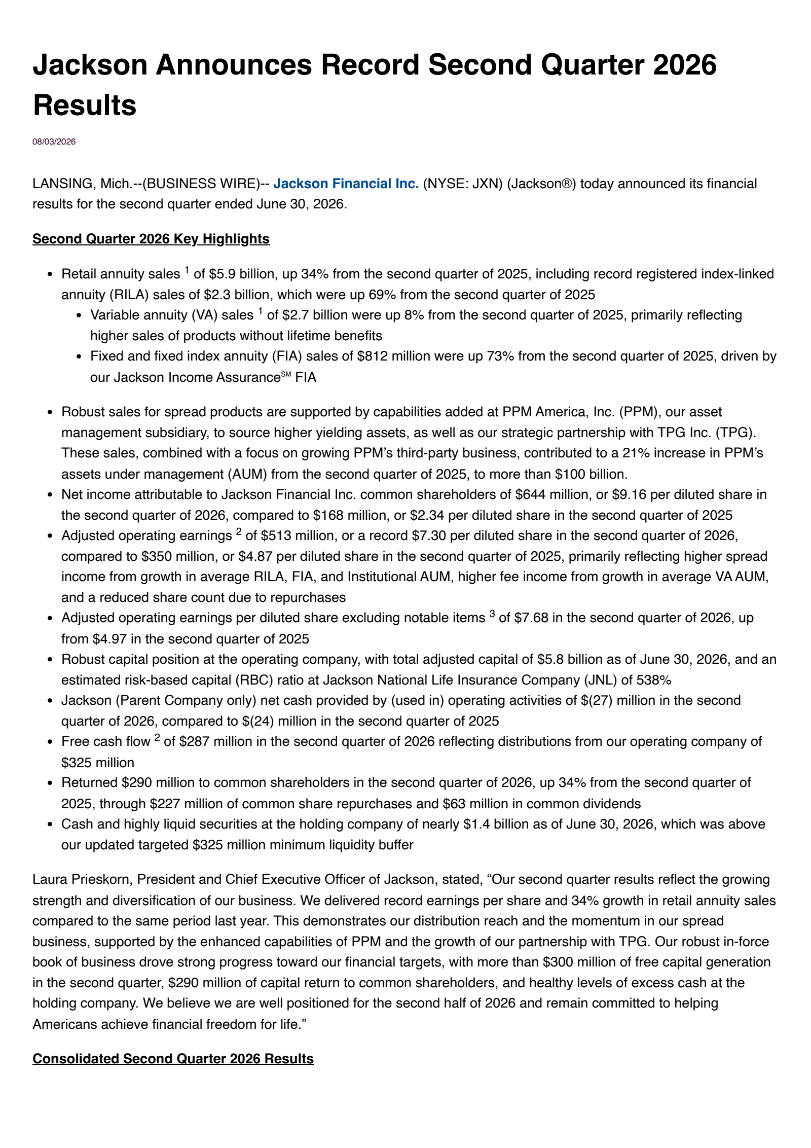 Jackson Financial's Q2 2026 Press Release