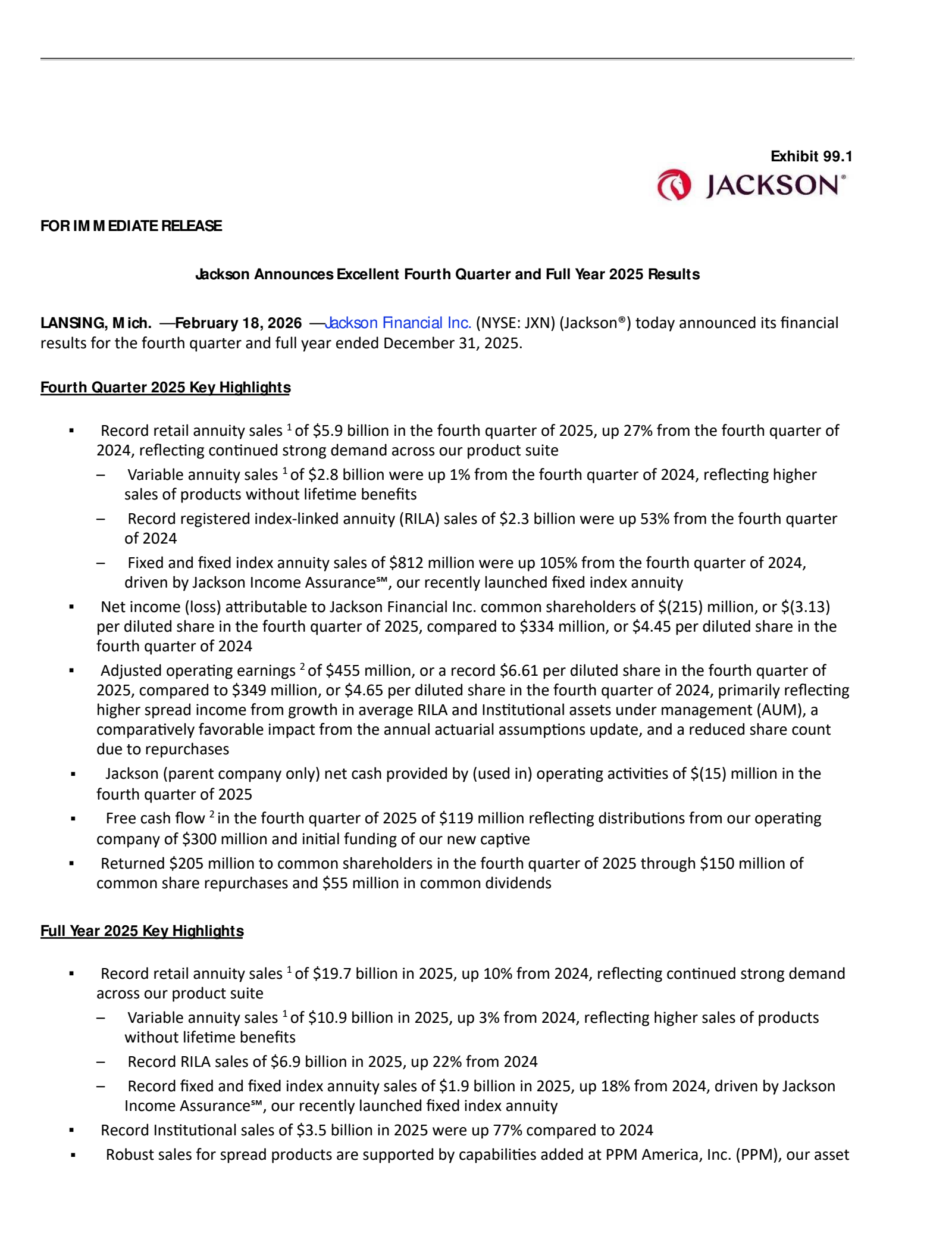 Jackson Financial's Q4 2025 Press Release