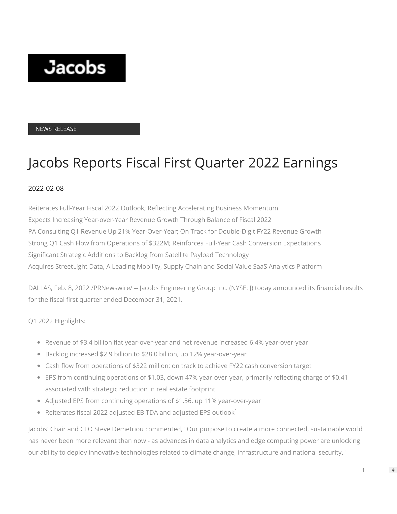 Jacobs Solutions' Q1 2022 Earnings Release