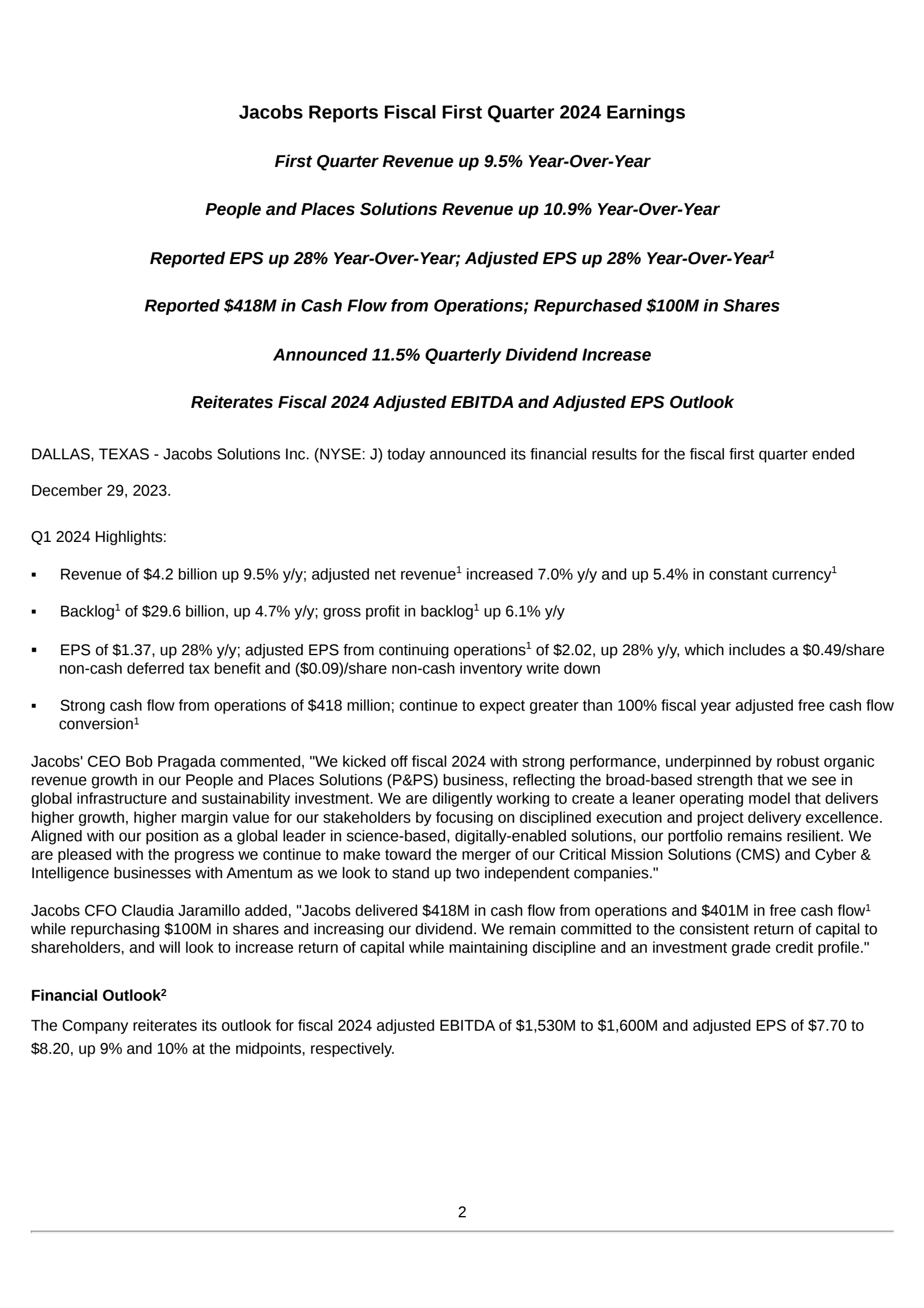 Jacobs Solutions' Q1 2024 Earnings Release