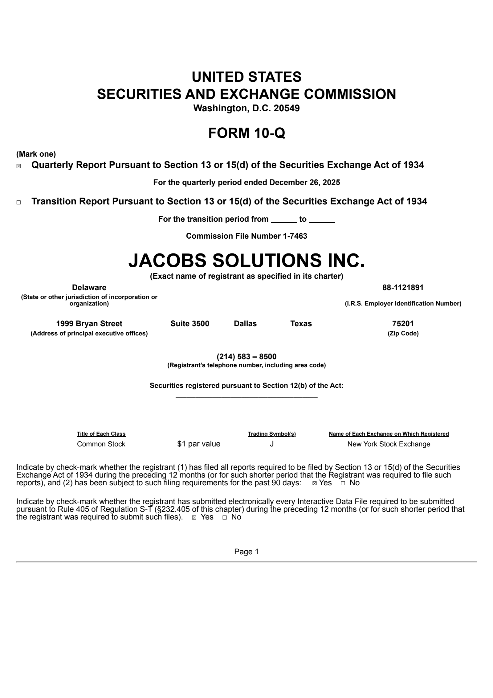 Jacobs Solutions' Q1 2026 Quarterly report
