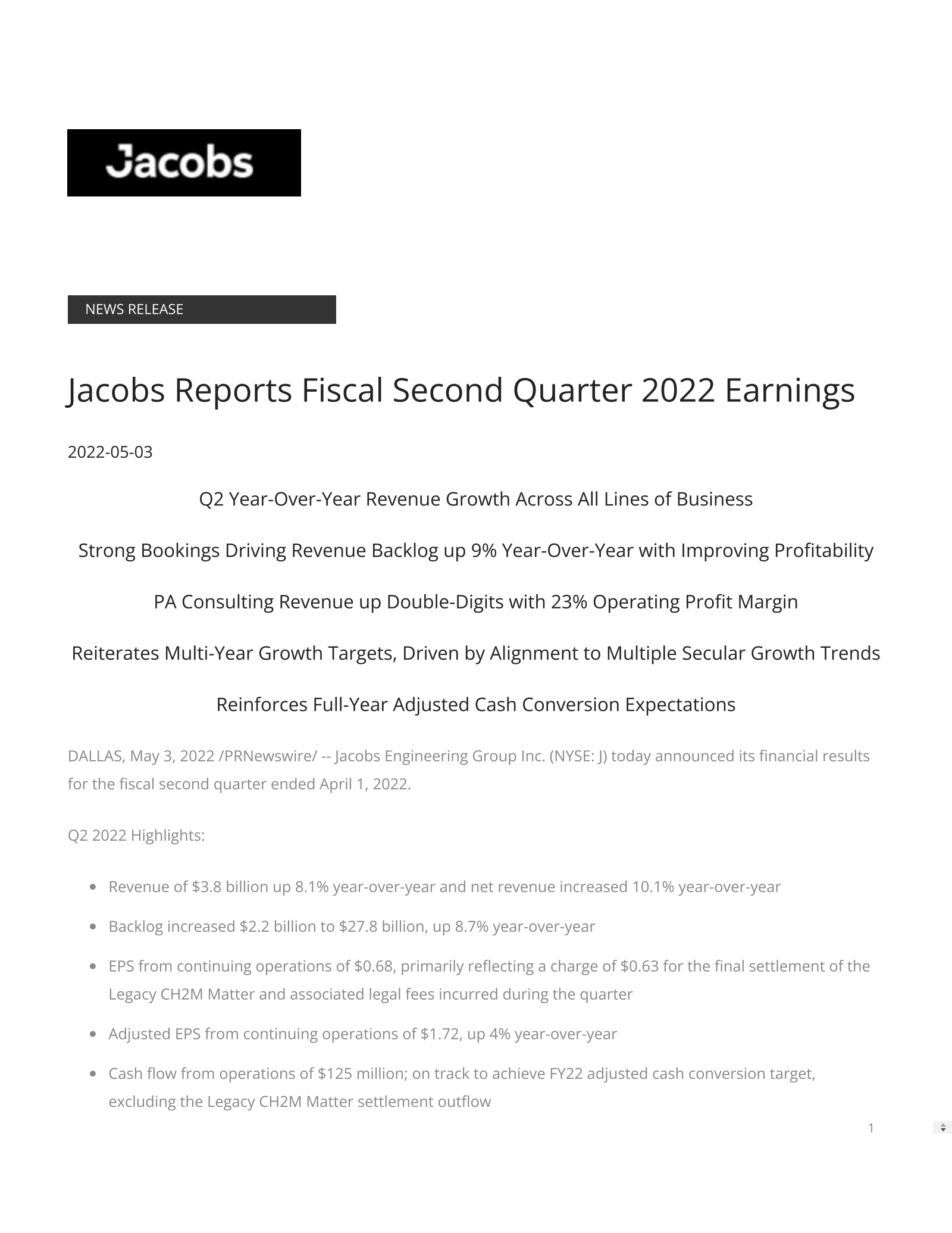 Jacobs Solutions' Q2 2022 Earnings Release