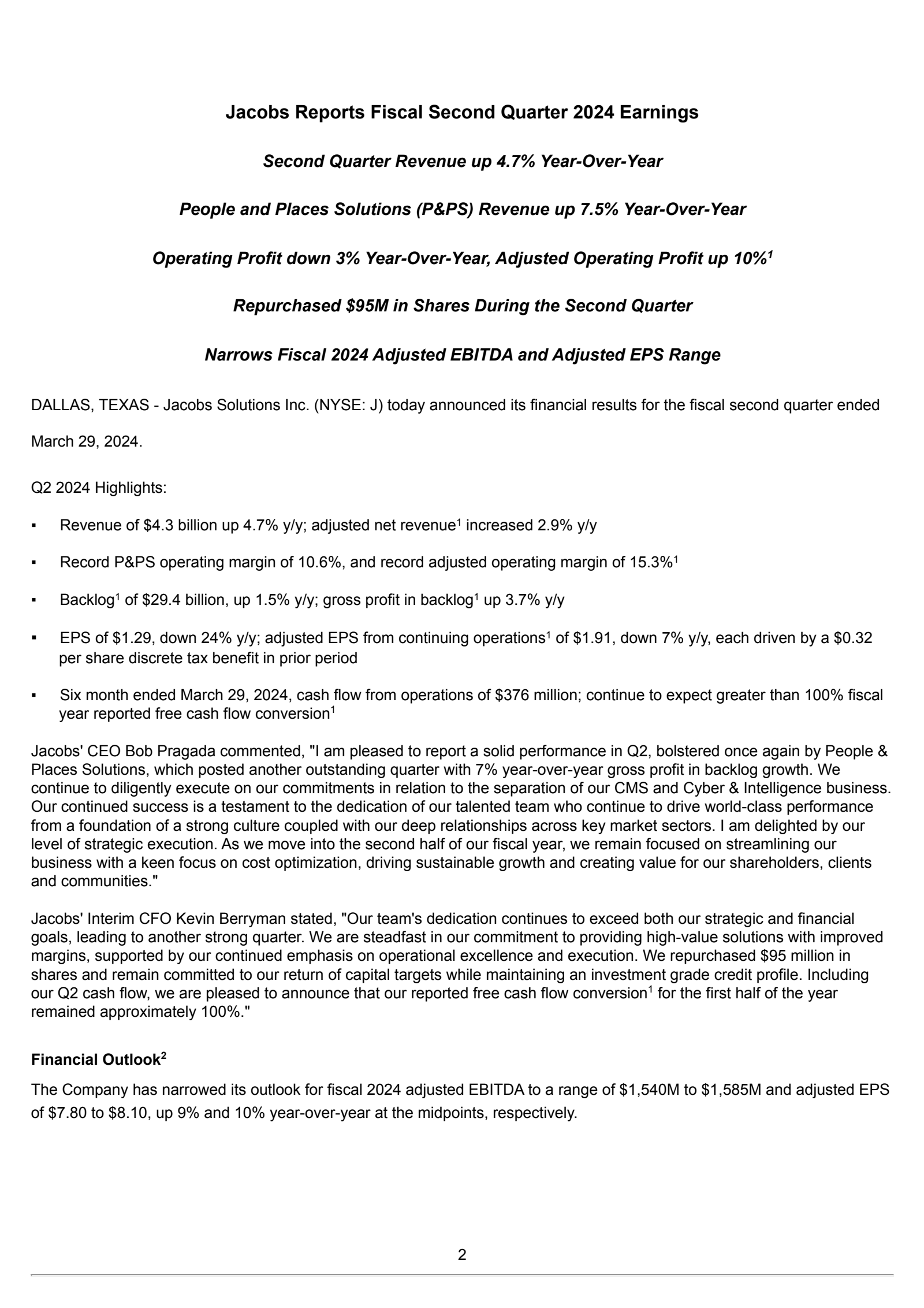 Jacobs Solutions' Q2 2024 Earnings Release