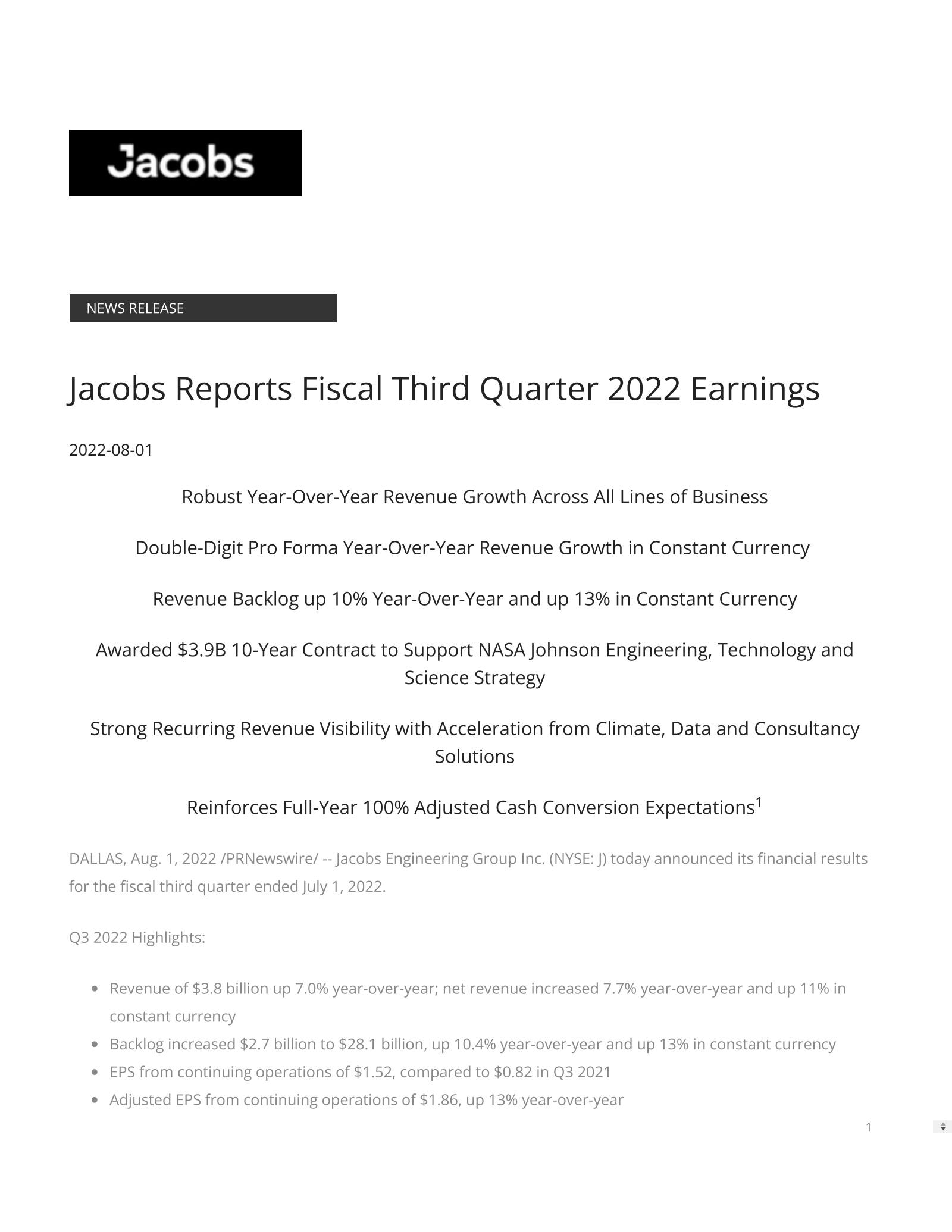 Jacobs Solutions' Q3 2022 Earnings Release