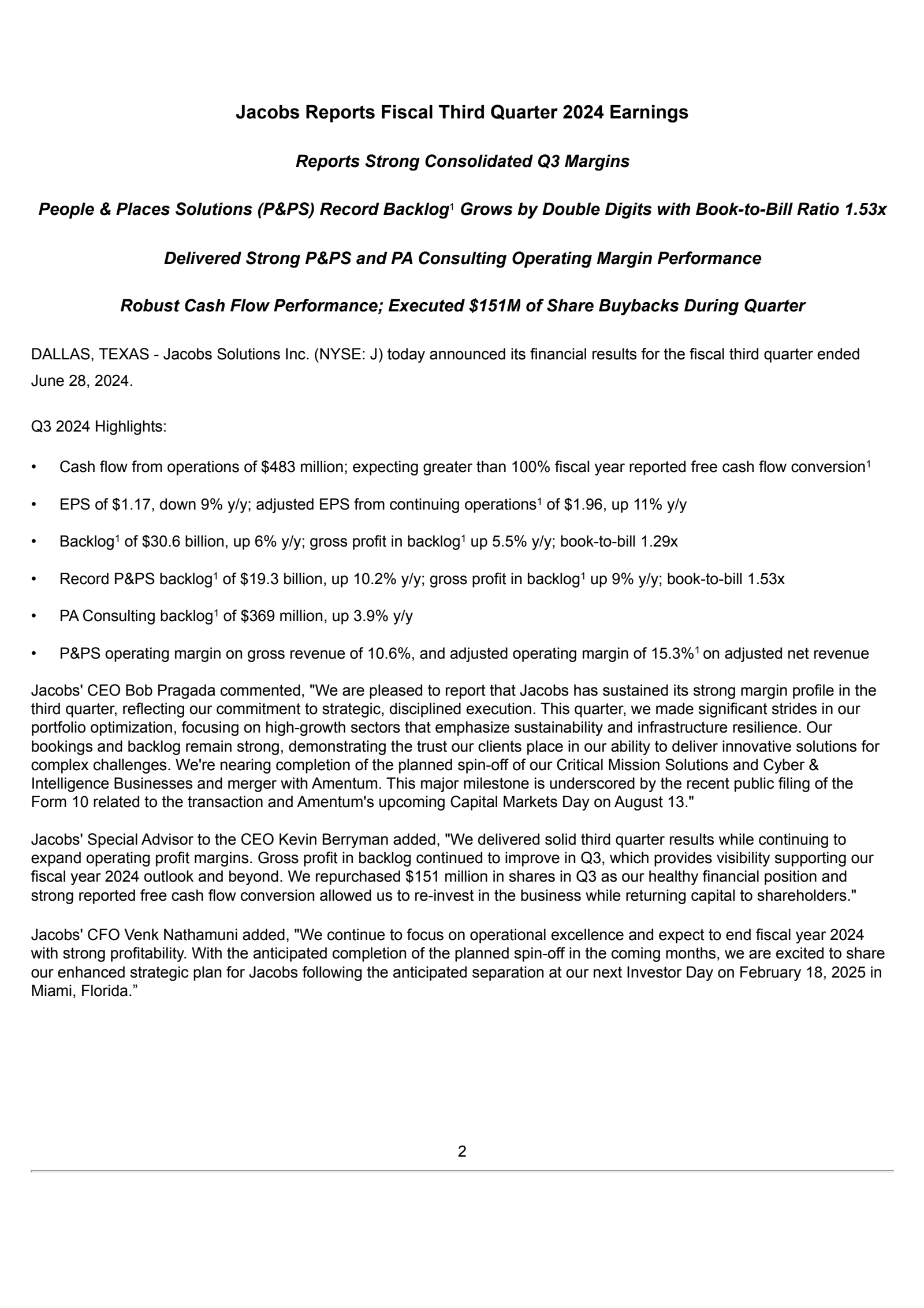 Jacobs Solutions' Q3 2024 Earnings Release