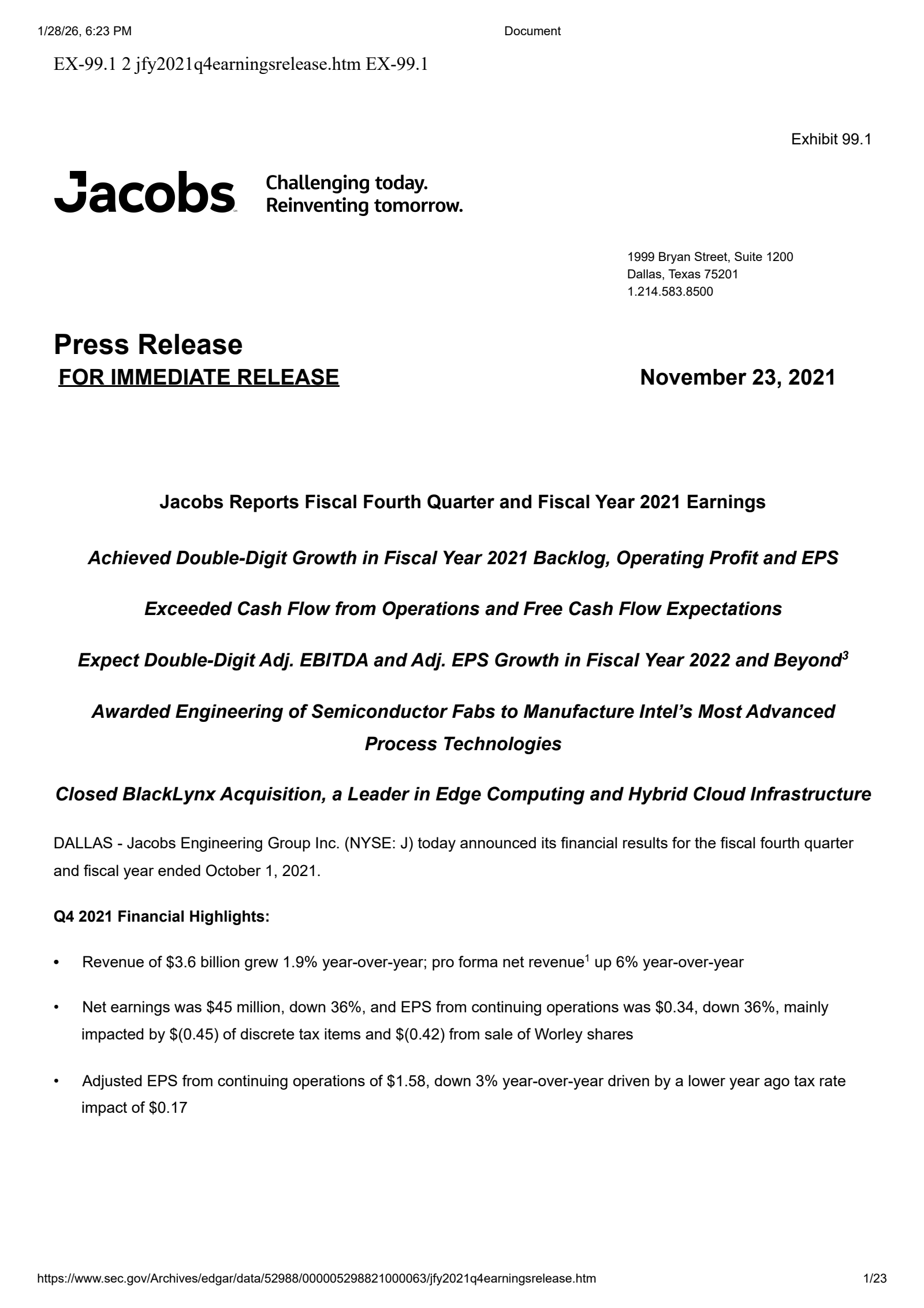 Jacobs Solutions' Q4 2021 Press Release