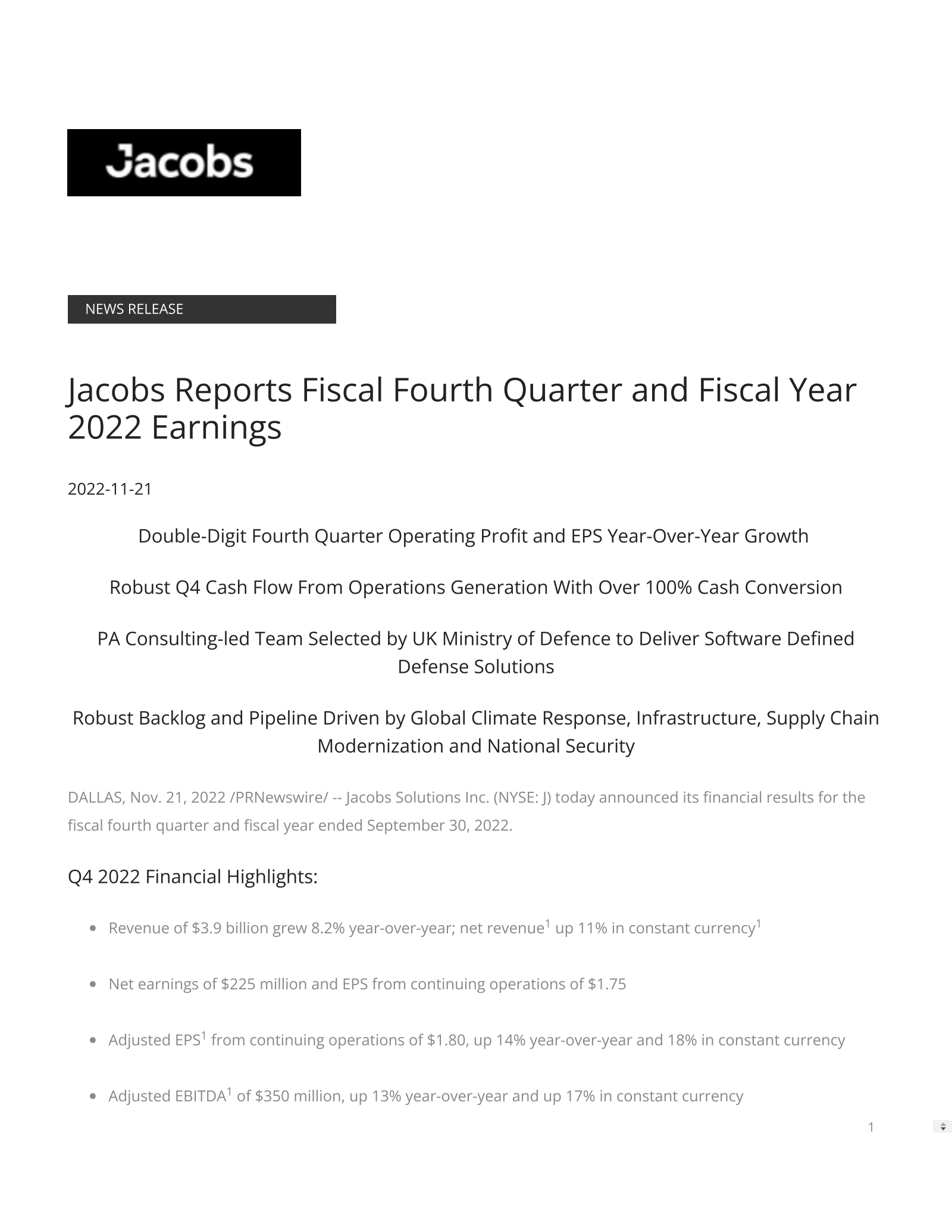 Jacobs Solutions' Q4 2022 Earnings Release
