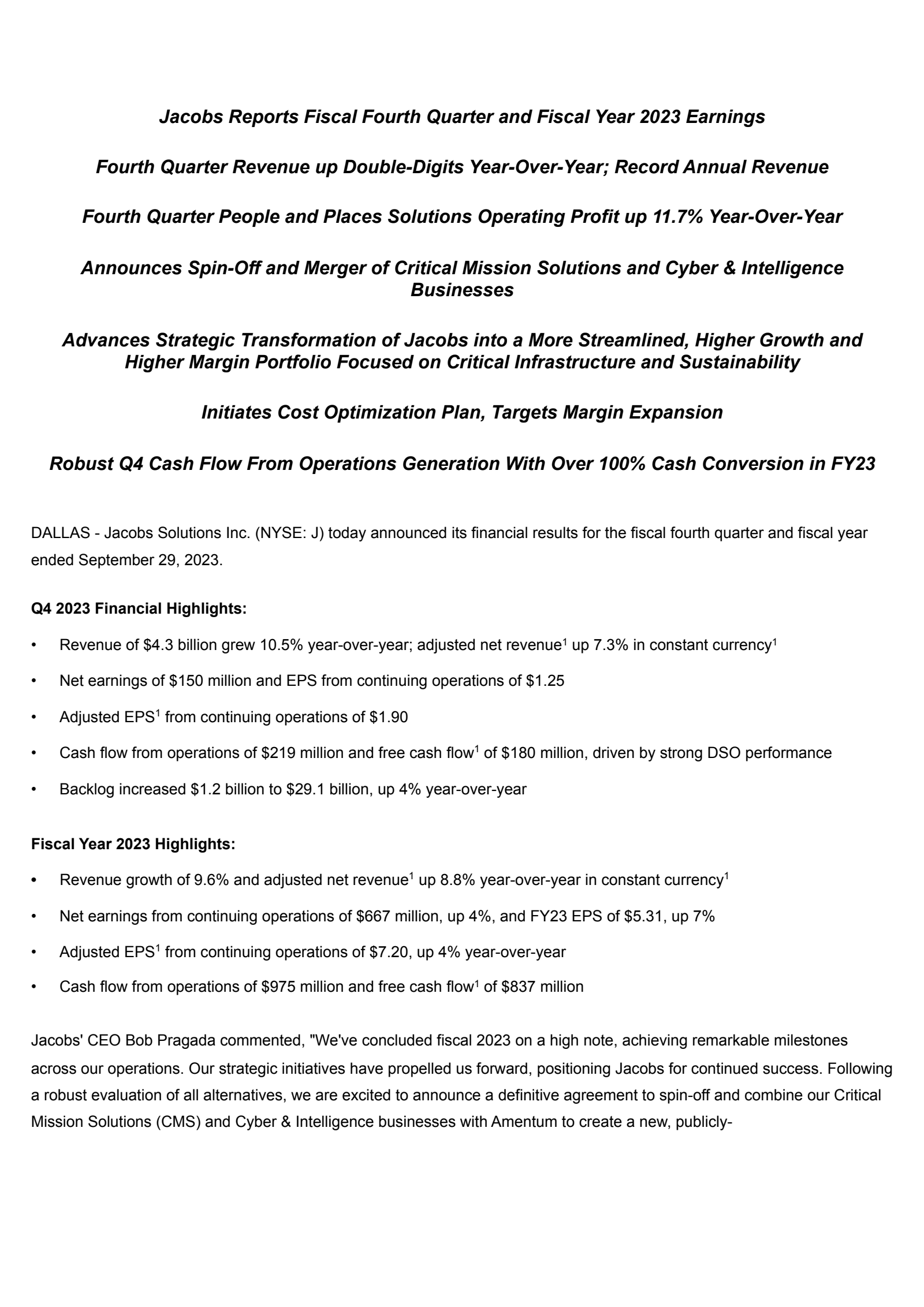 Jacobs Solutions' Q4 2023 Earnings Release