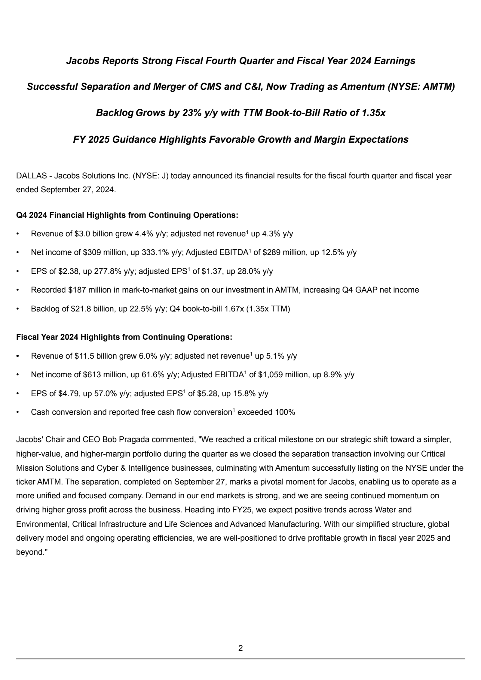 Jacobs Solutions' Q4 2024 Earnings Release