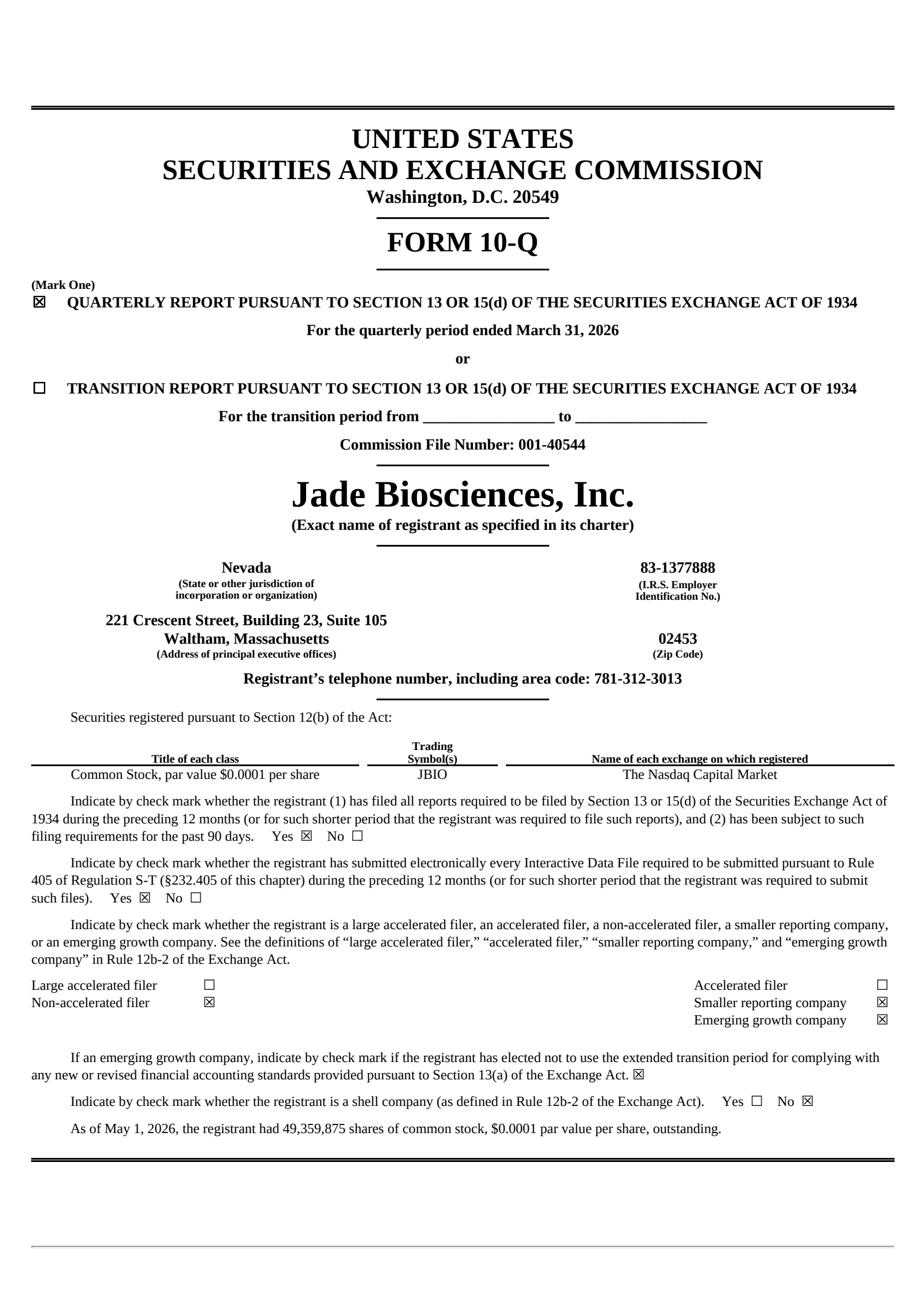 Jade Biosciences' Q1 2026 Quarterly report