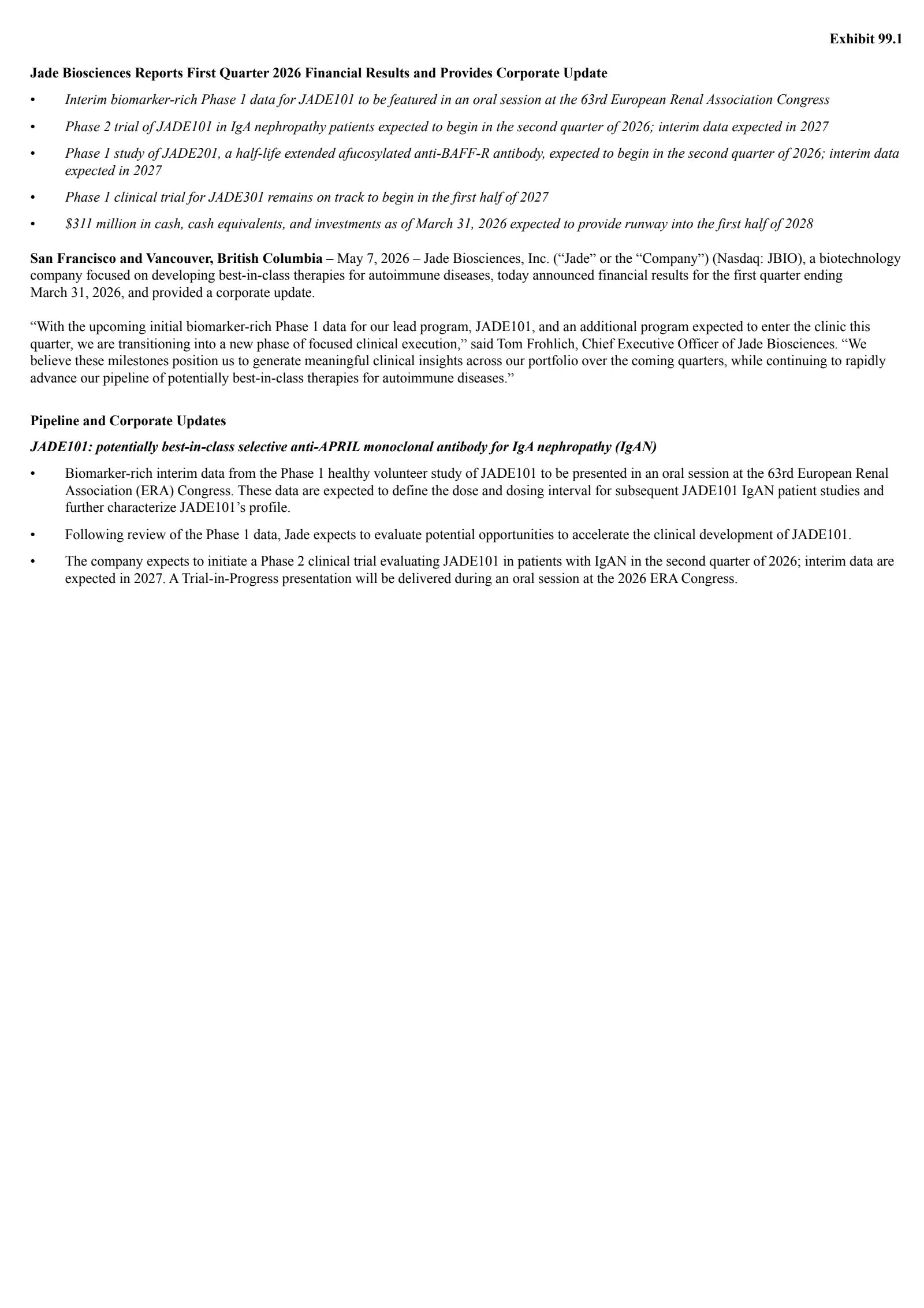 Jade Biosciences' Q1 2026 Press Release