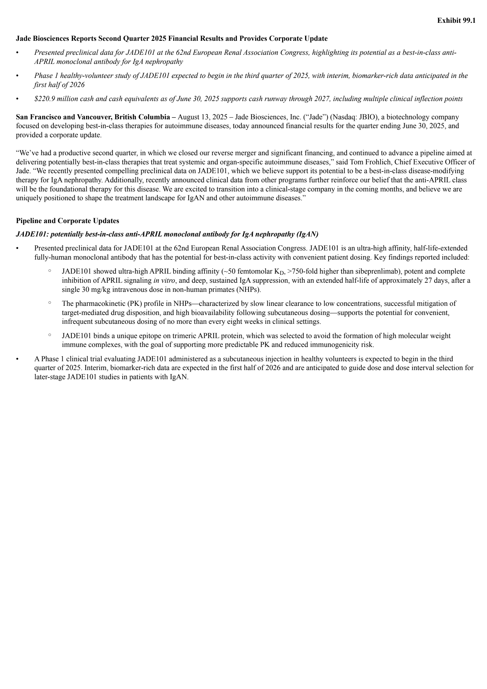 Jade Biosciences' Q2 2025 Press Release