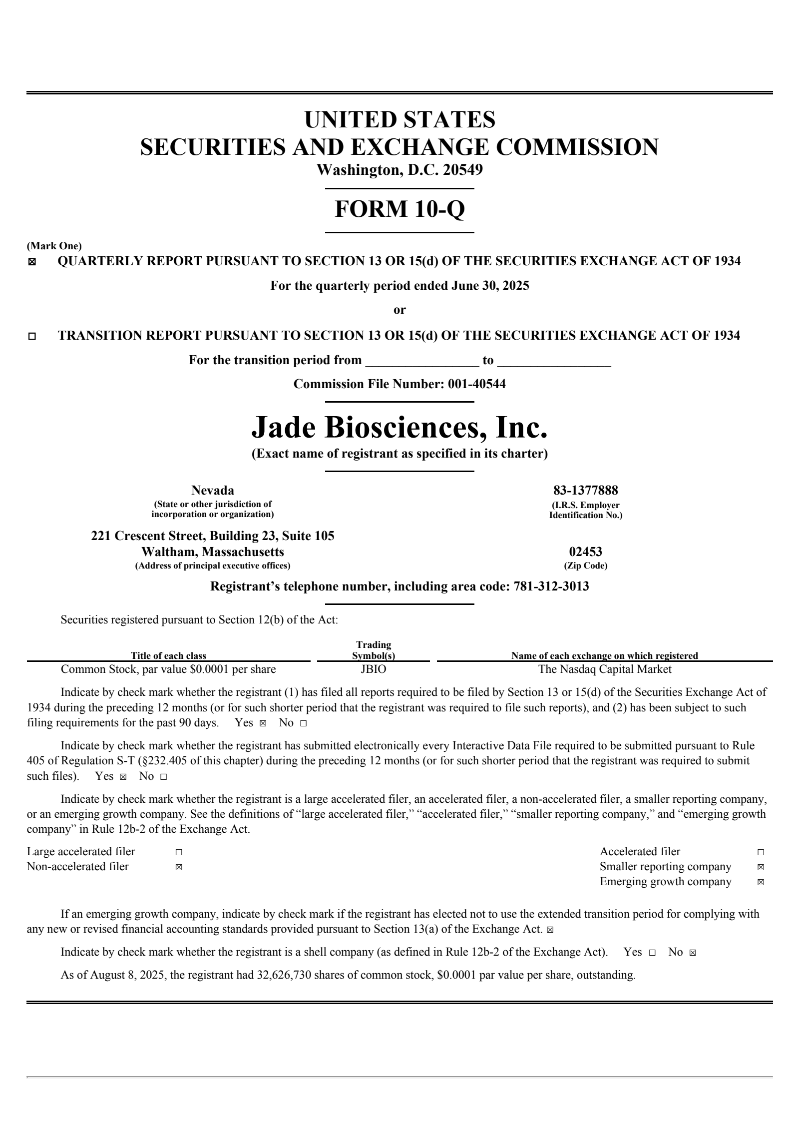 Jade Biosciences' Q2 2025 Quarterly report