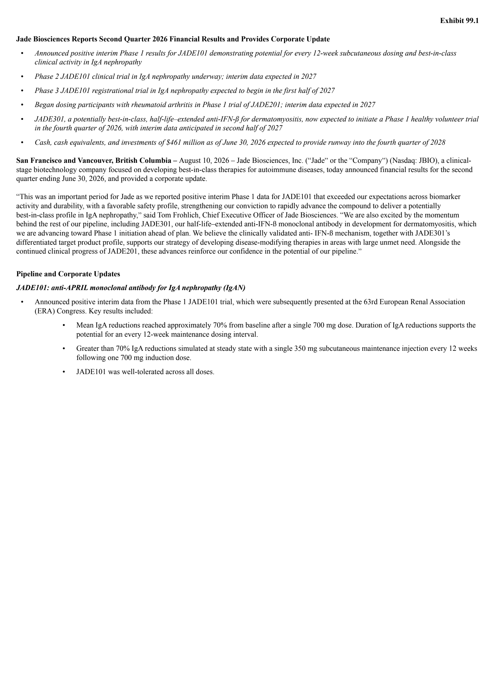 Jade Biosciences' Q2 2026 Press Release