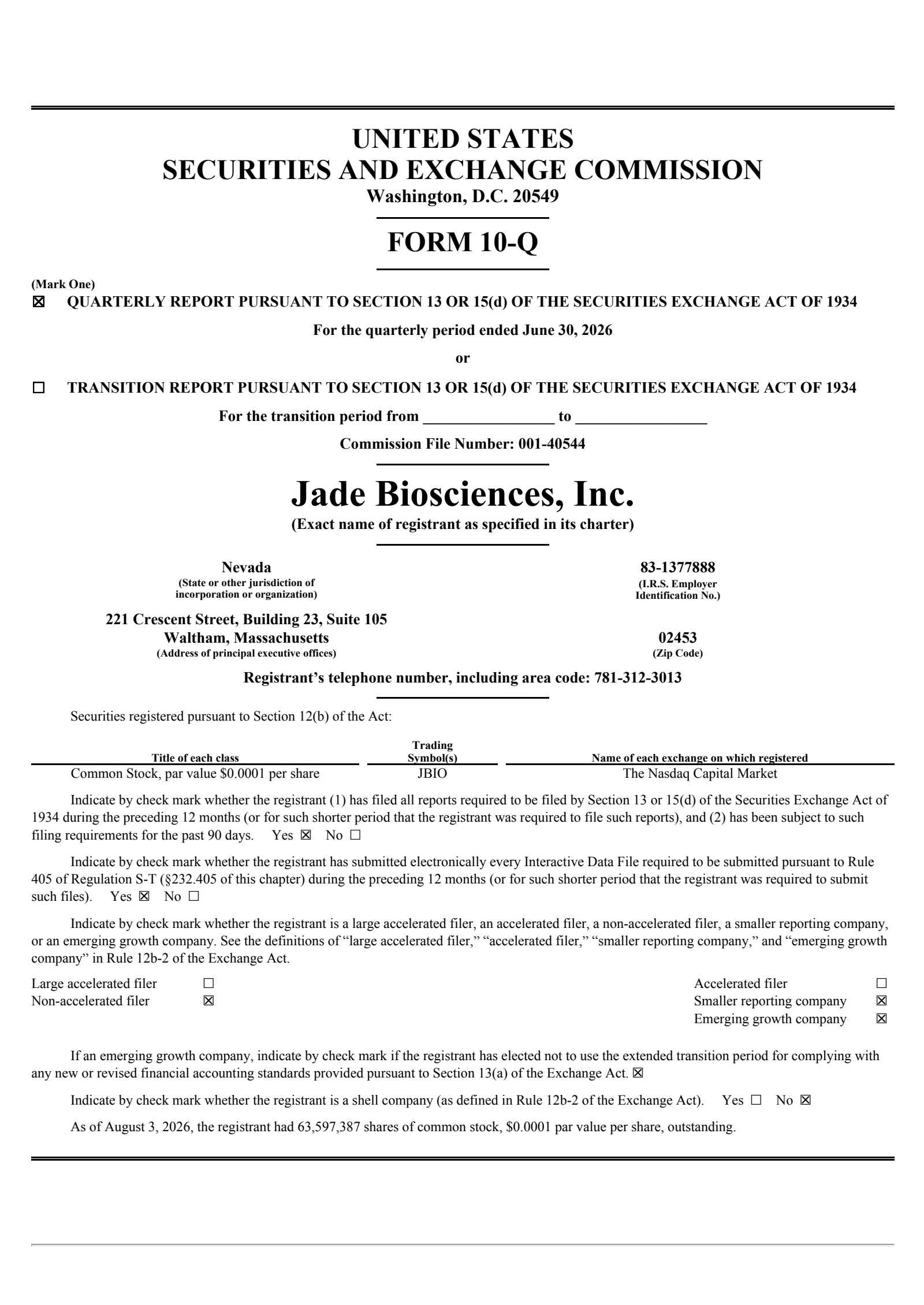 Jade Biosciences' Q2 2026 Quarterly report