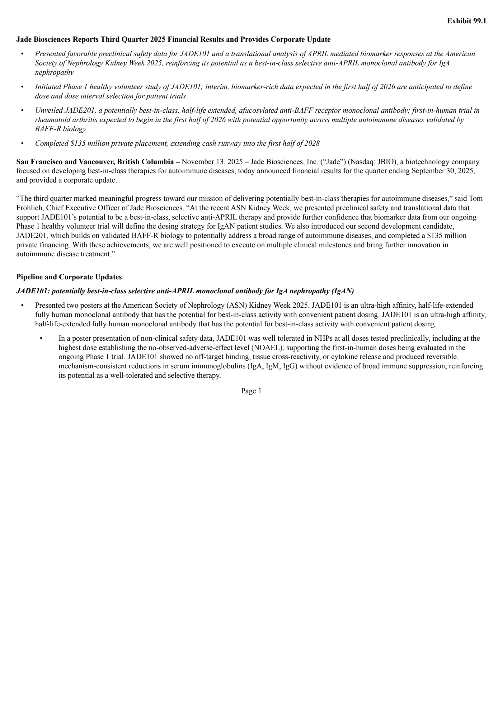 Jade Biosciences' Q3 2025 Earnings Release