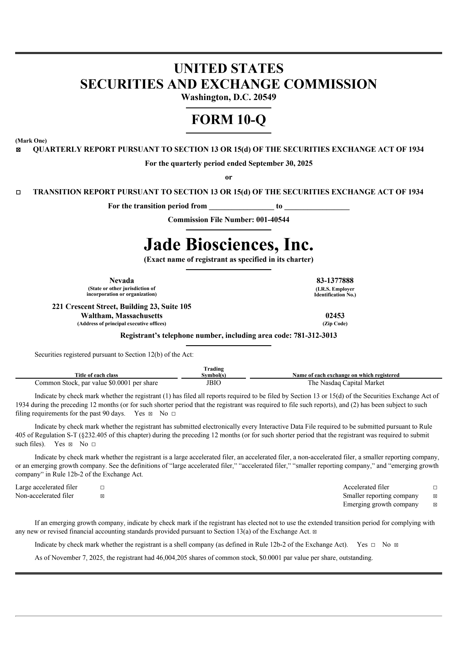 Jade Biosciences' Q3 2025 Quarterly Report