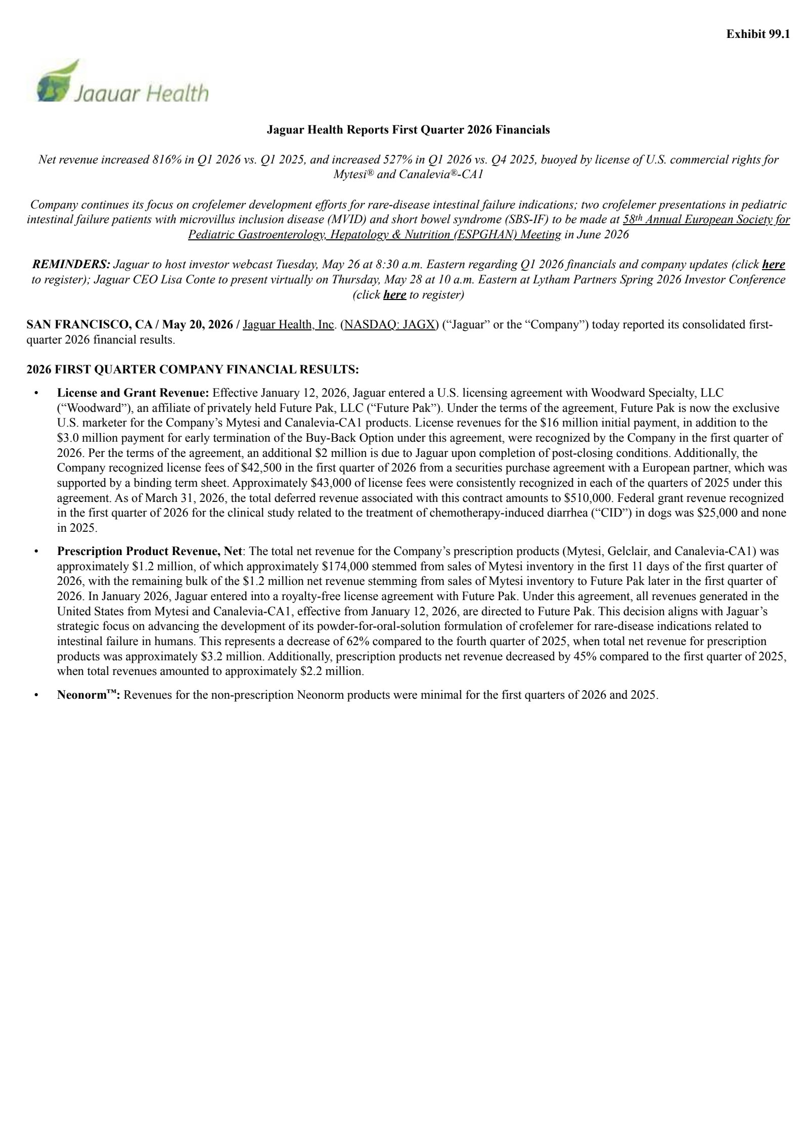 Jaguar Animal Health's Q1 2026 Press Release