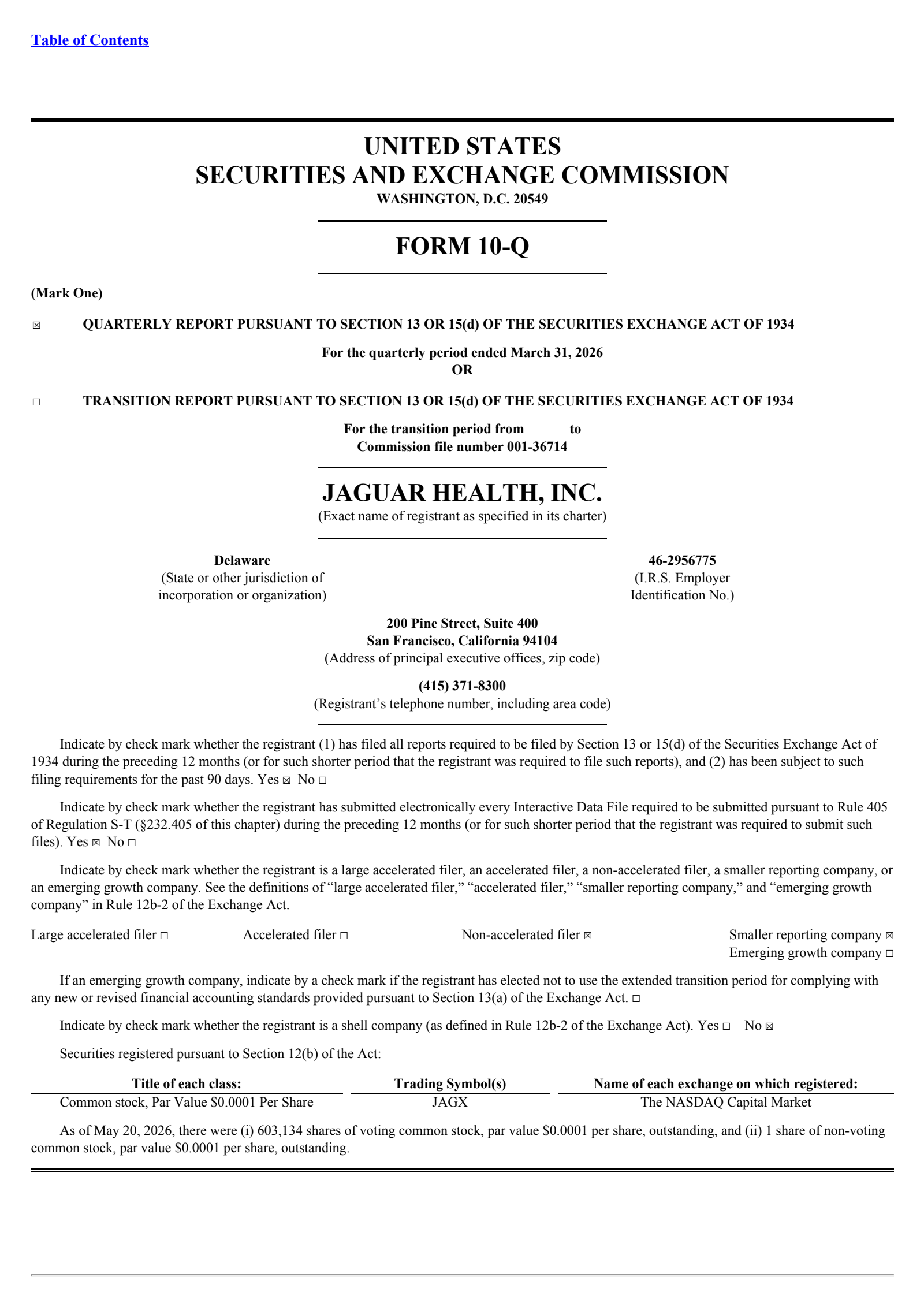 Jaguar Animal Health's Q1 2026 Quarterly report
